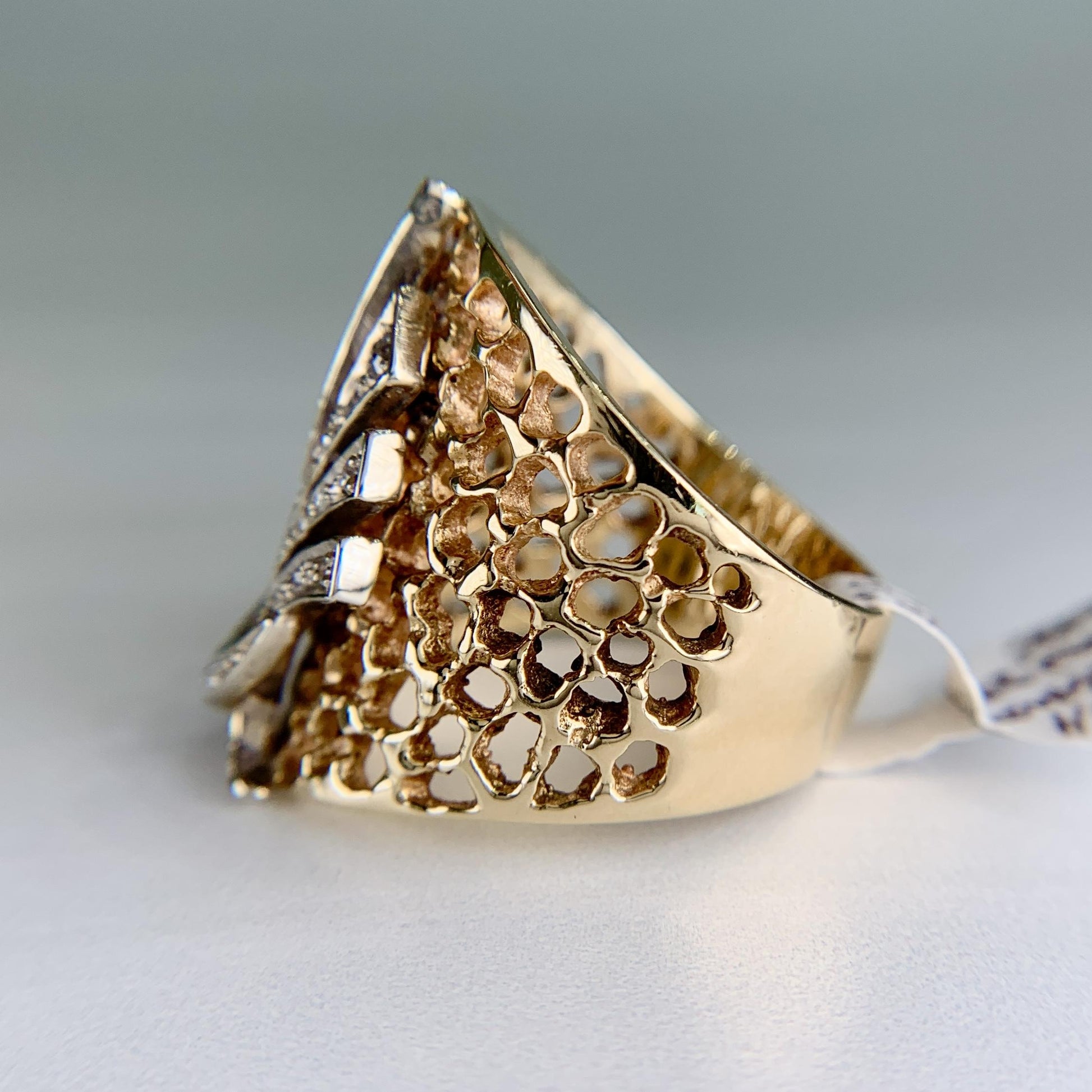 1980's Wide Diamond Statement Band Ring 14k Gold