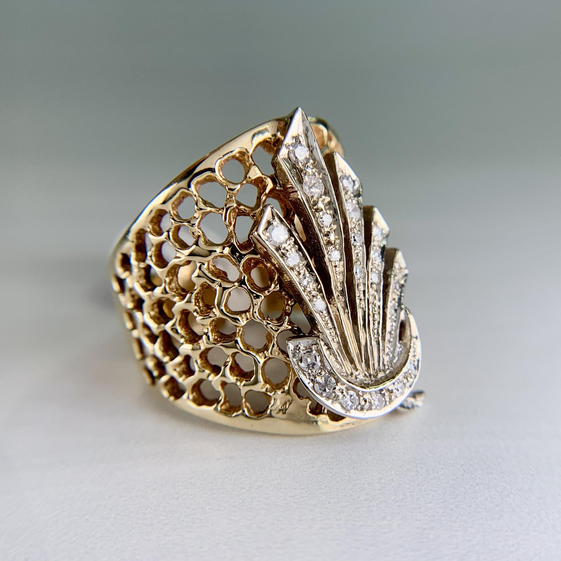 1980's Wide Diamond Statement Band Ring 14k Gold