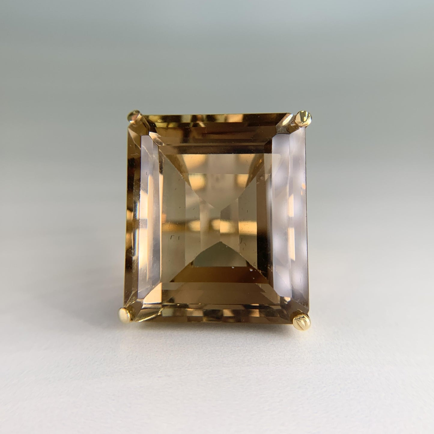 1950's Large Emerald Cut Smokey Quartz Statement Ring 18k Yellow Gold