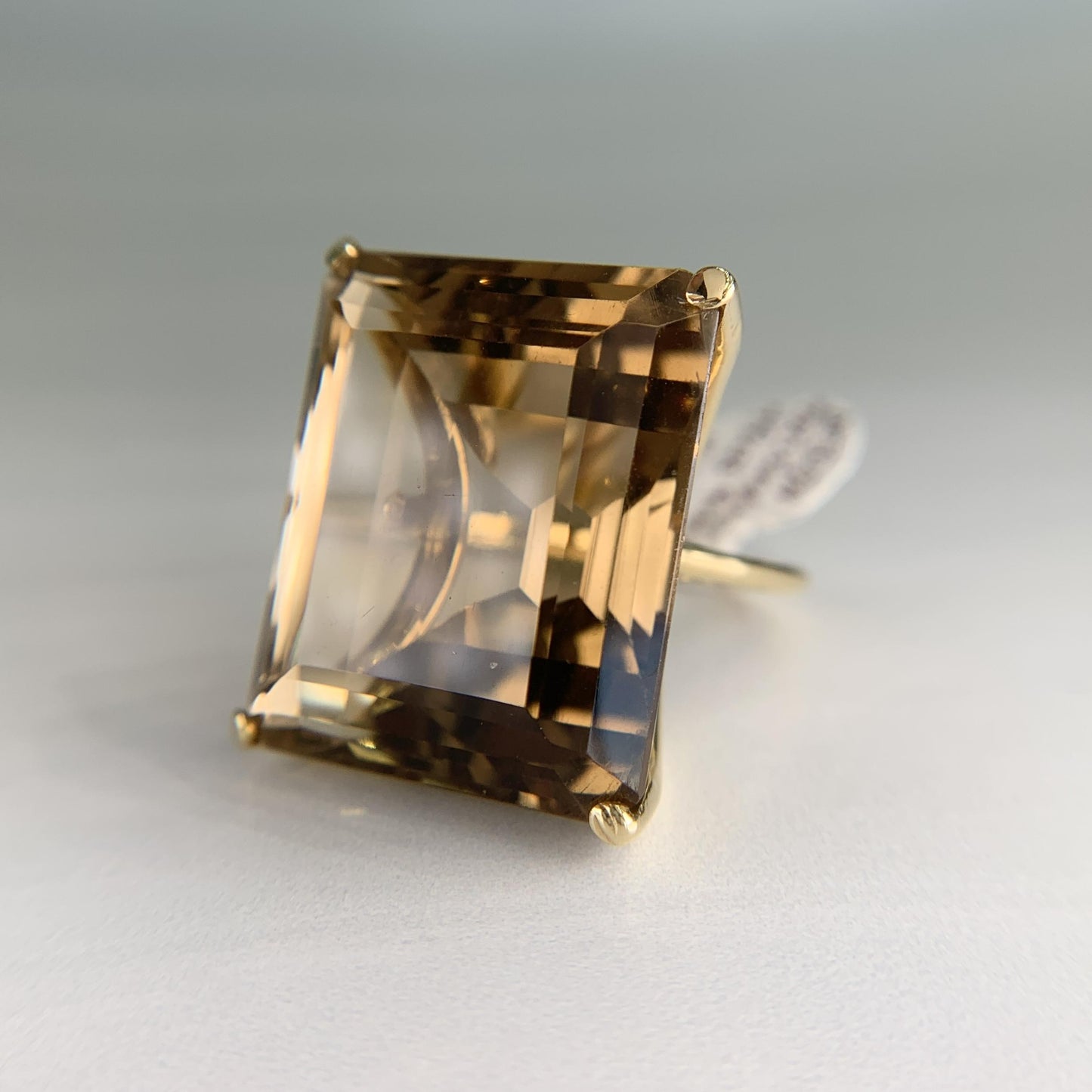 1950's Large Emerald Cut Smokey Quartz Statement Ring 18k Yellow Gold