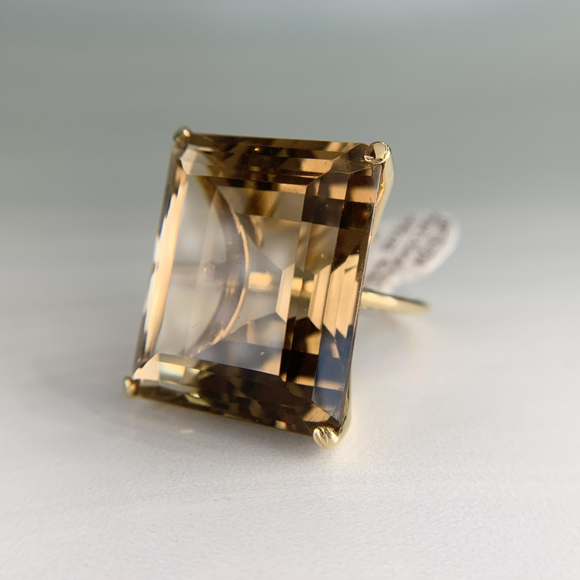 1950's Large Emerald Cut Smokey Quartz Statement Ring 18k Yellow Gold