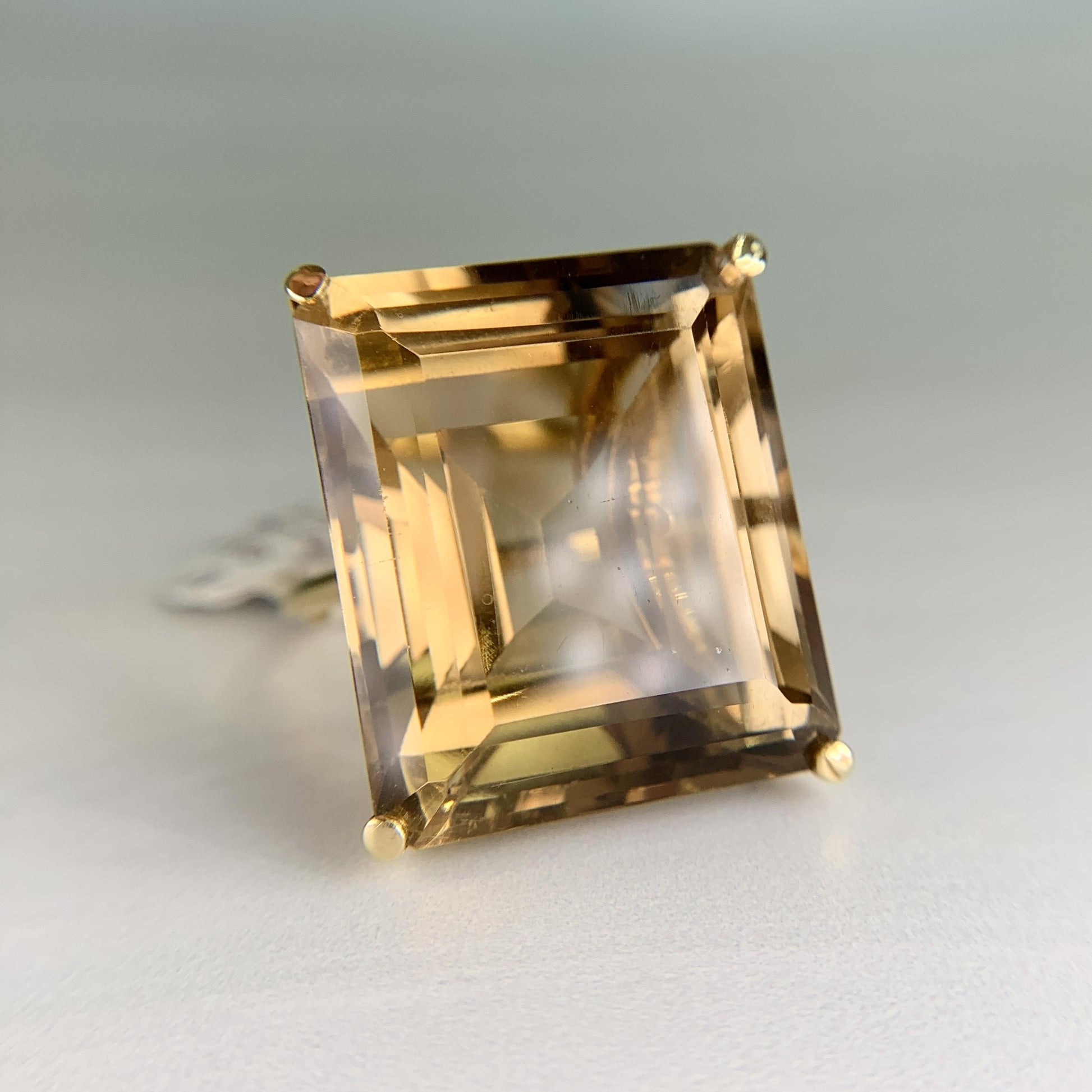 1950's Large Emerald Cut Smokey Quartz Statement Ring 18k Yellow Gold