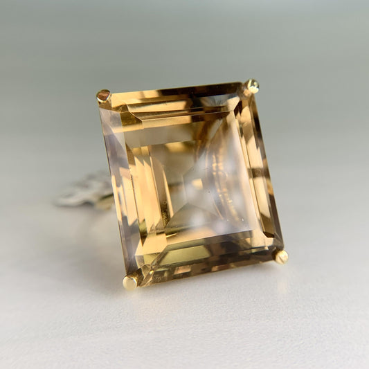 1950's Large Emerald Cut Smokey Quartz Statement Ring 18k Yellow Gold