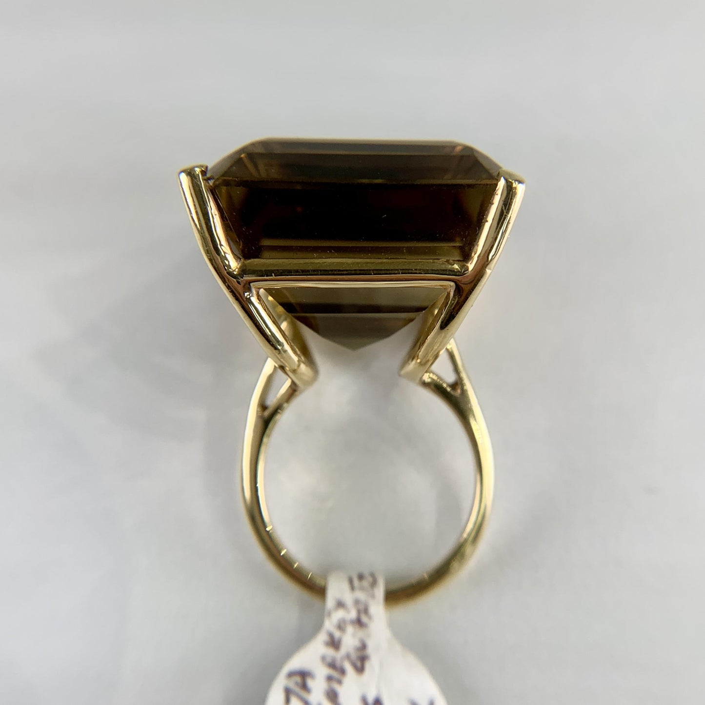 1950's Large Emerald Cut Smokey Quartz Statement Ring 18k Yellow Gold