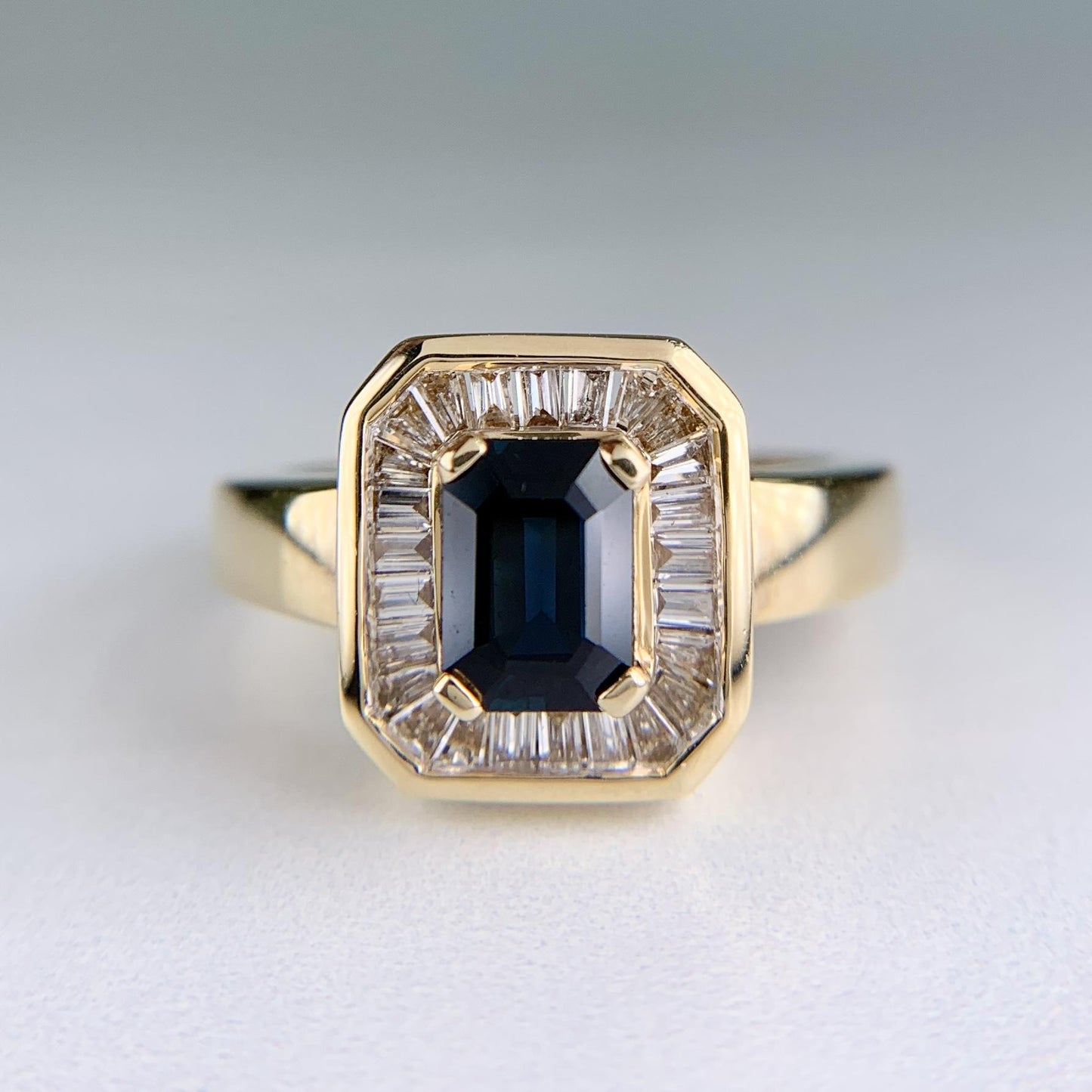 Blue Sapphire and Baguette Cut Diamond Ring 14k Yellow Gold