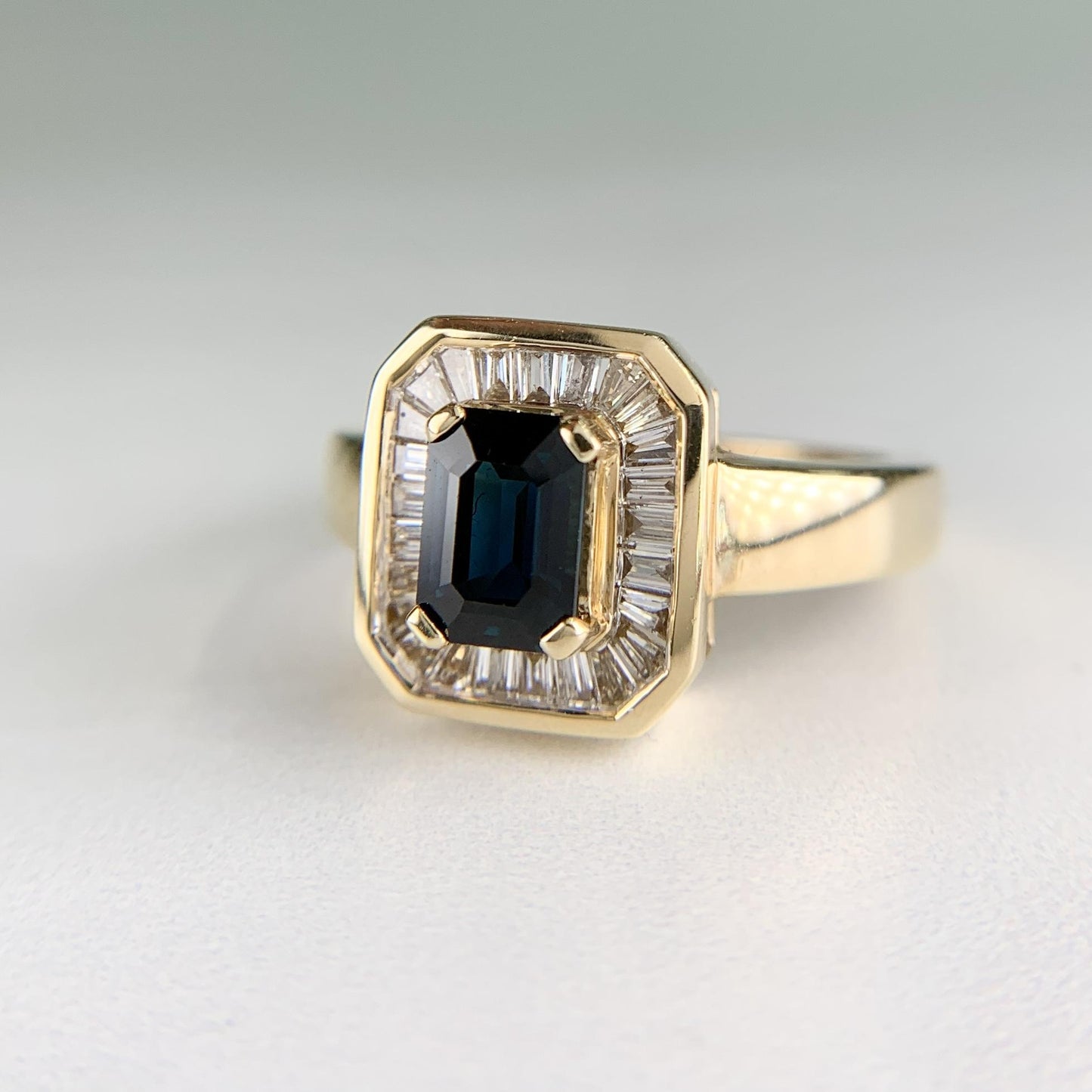 Blue Sapphire and Baguette Cut Diamond Ring 14k Yellow Gold