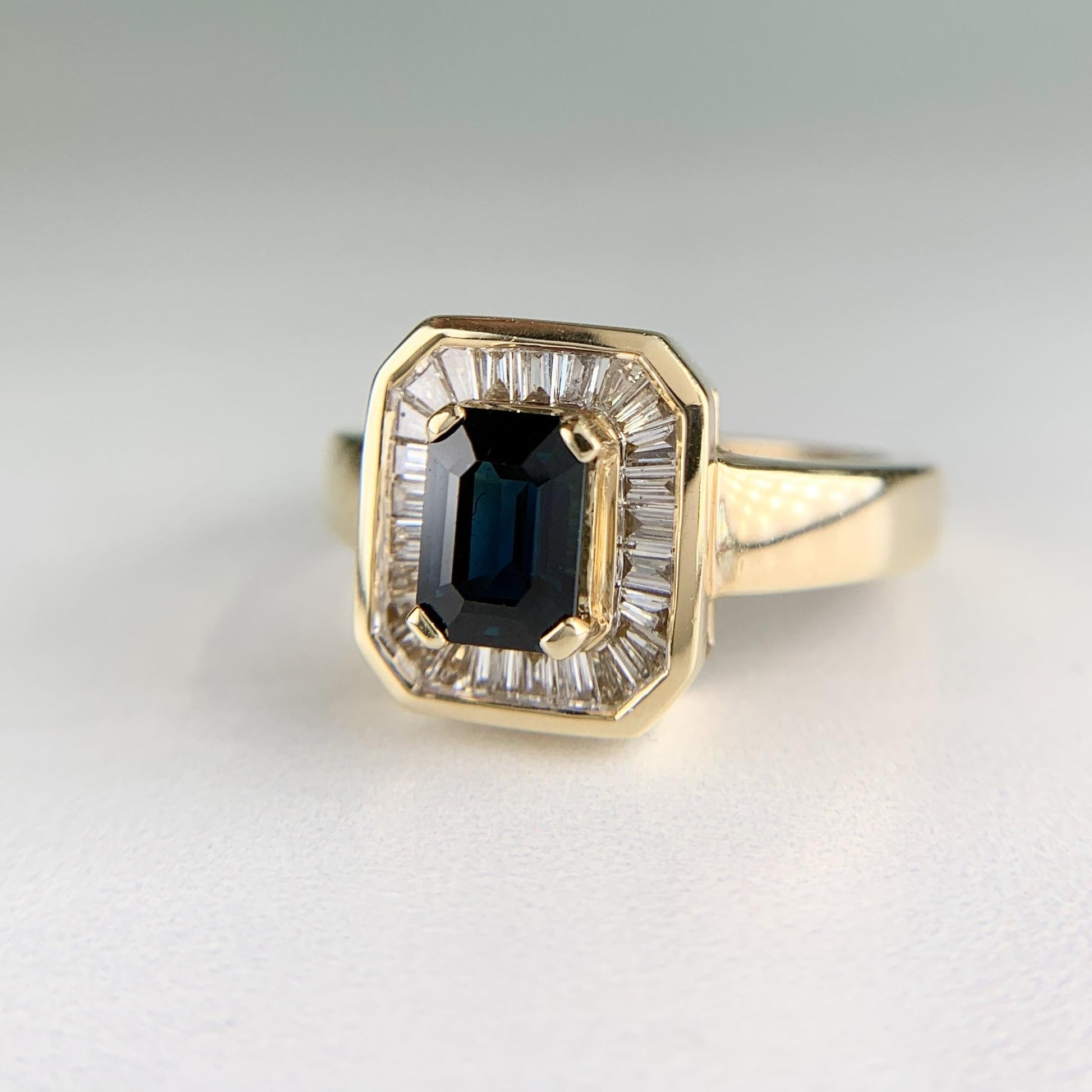 Blue Sapphire and Baguette Cut Diamond Ring 14k Yellow Gold