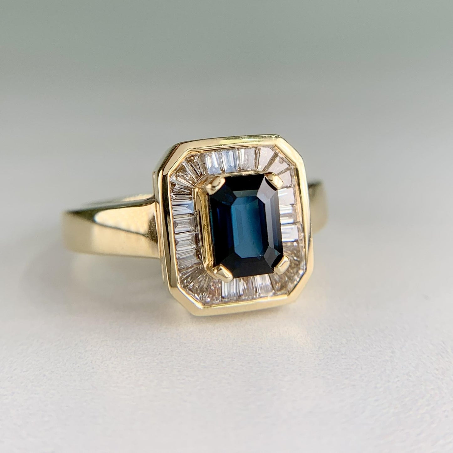 Blue Sapphire and Baguette Cut Diamond Ring 14k Yellow Gold