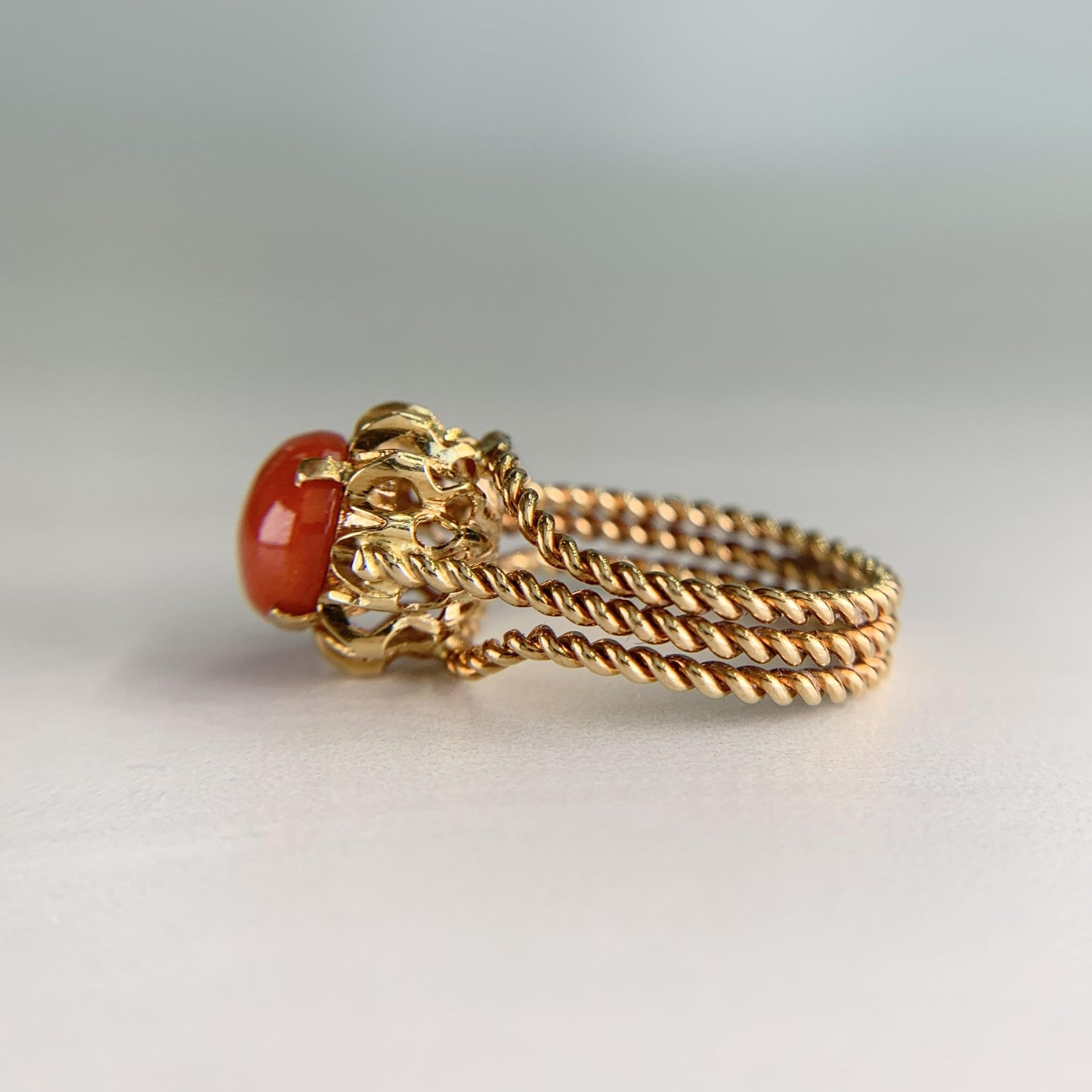 Estate Corletto Italian 17k Yellow Gold Coral Twisted Rope Ring