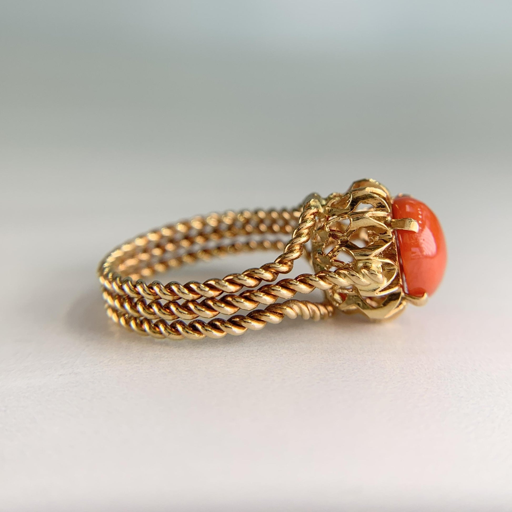 Estate Corletto Italian 17k Yellow Gold Coral Twisted Rope Ring