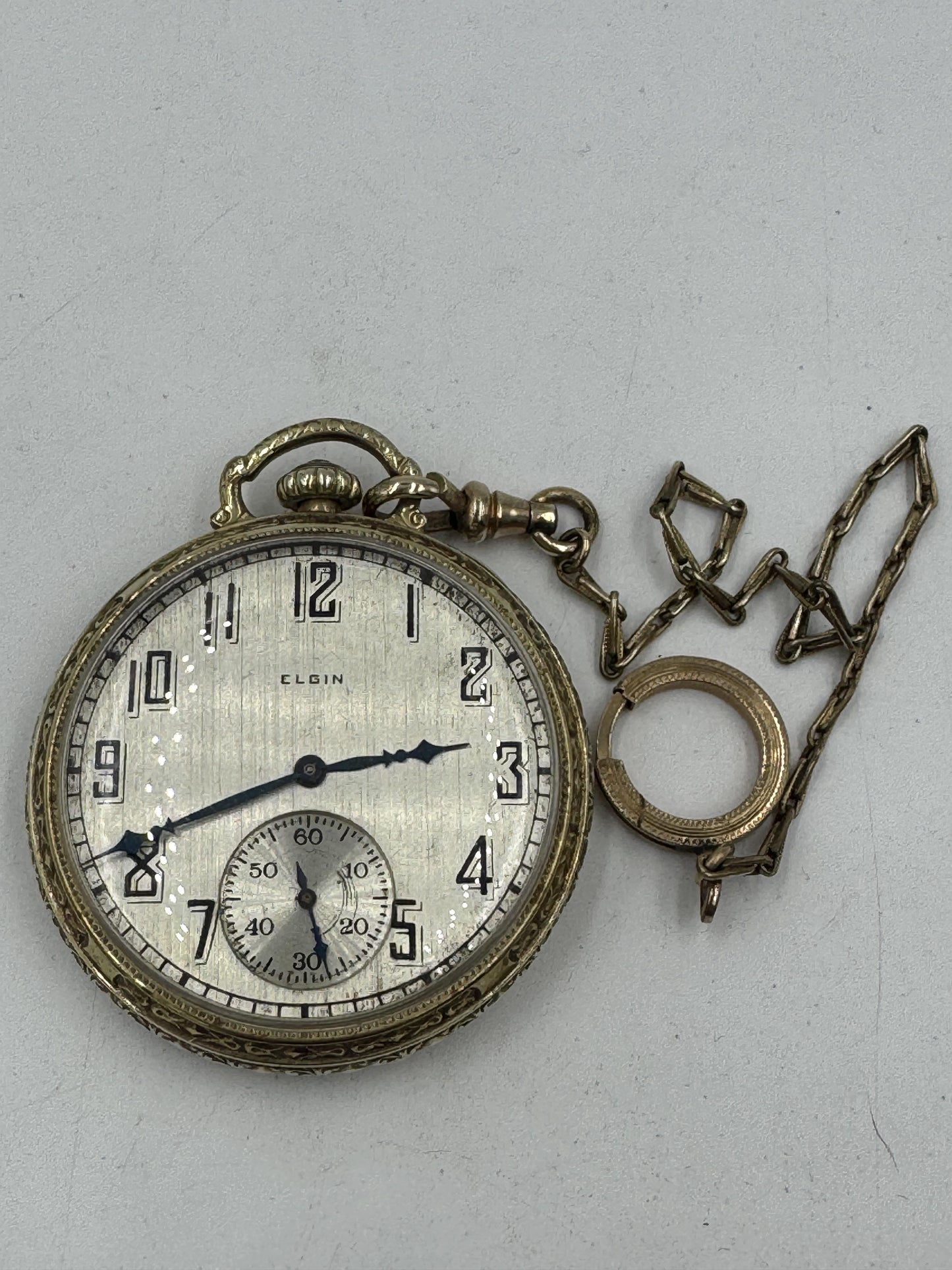 Antique Elgin 10k Gold filled Open face pocket watch 12s 7J Circa 1928 w/ Chain