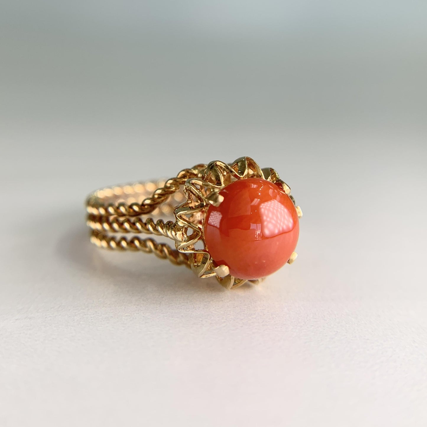 Estate Corletto Italian 17k Yellow Gold Coral Twisted Rope Ring