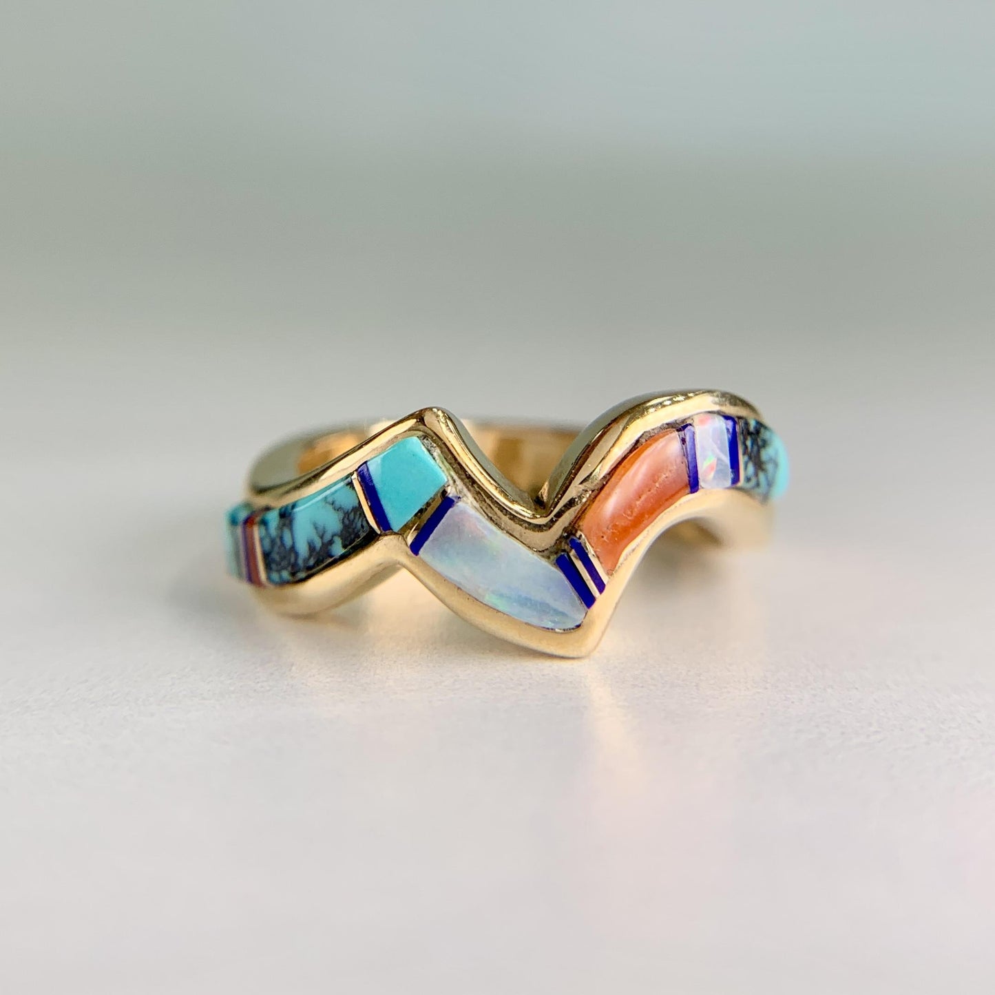 Navajo Zuni Inlaid Turquoise Coral and Opal Wavy Zigzag Band Ring 14k