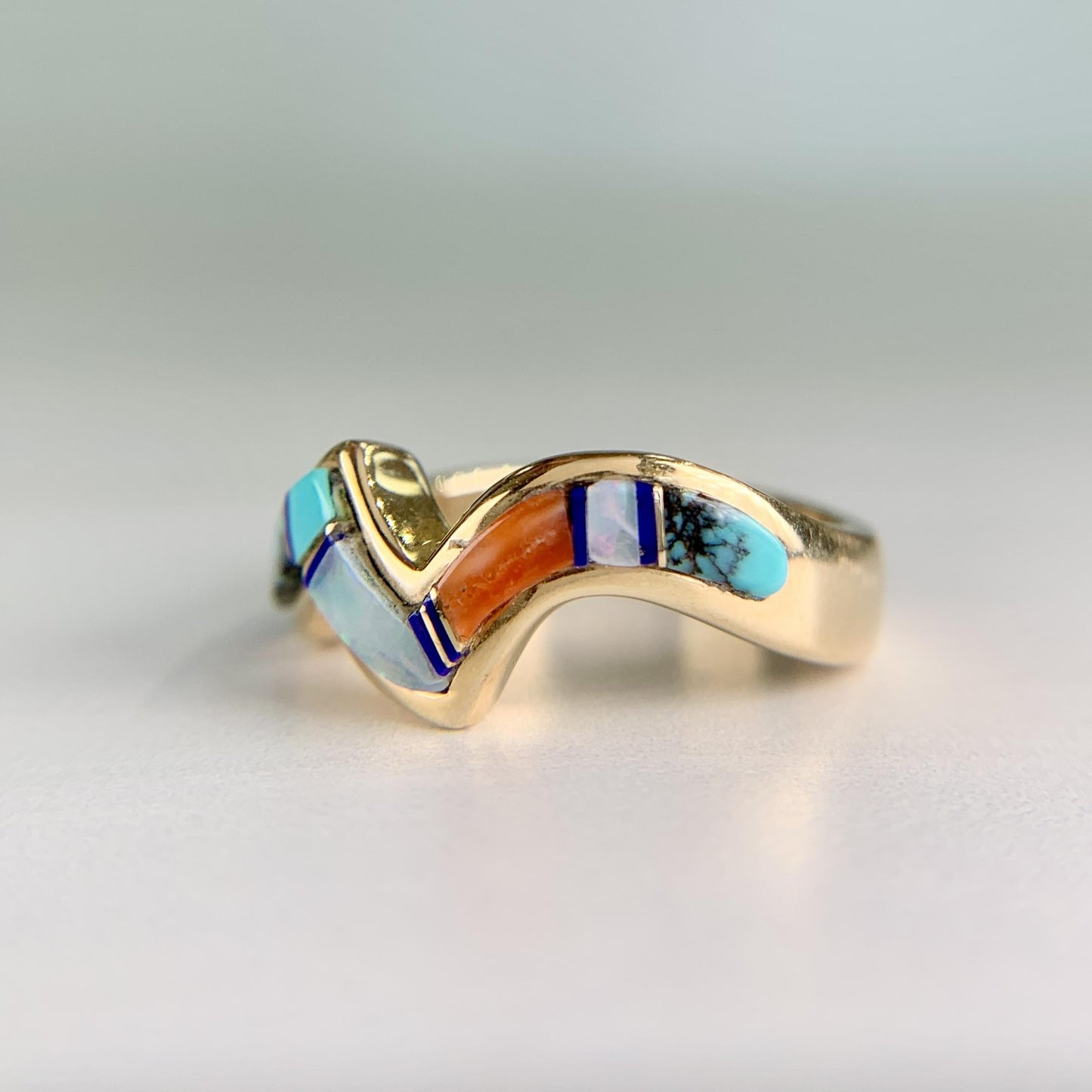Navajo Zuni Inlaid Turquoise Coral and Opal Wavy Zigzag Band Ring 14k