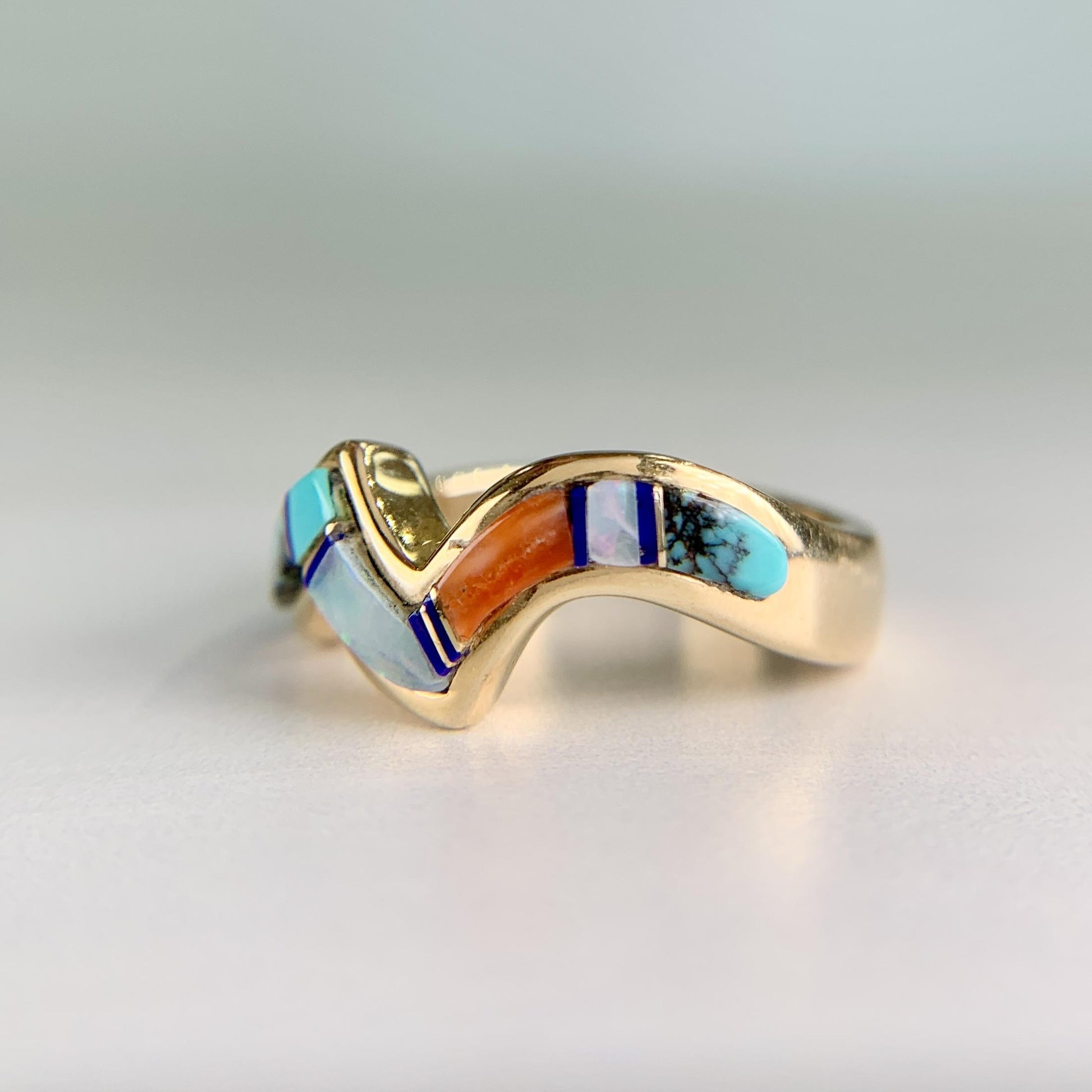 Navajo Zuni Inlaid Turquoise Coral and Opal Wavy Zigzag Band Ring 14k