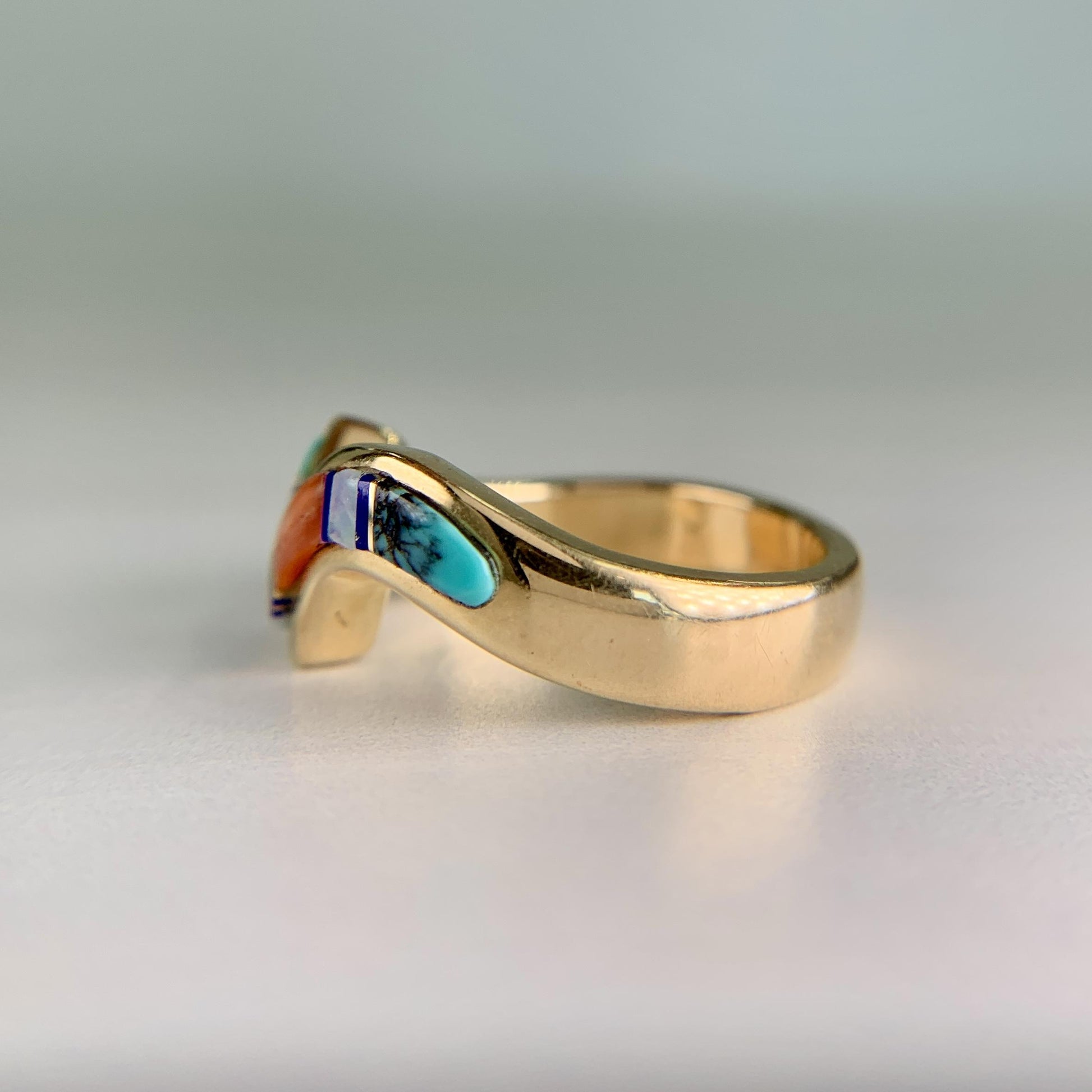 Navajo Zuni Inlaid Turquoise Coral and Opal Wavy Zigzag Band Ring 14k