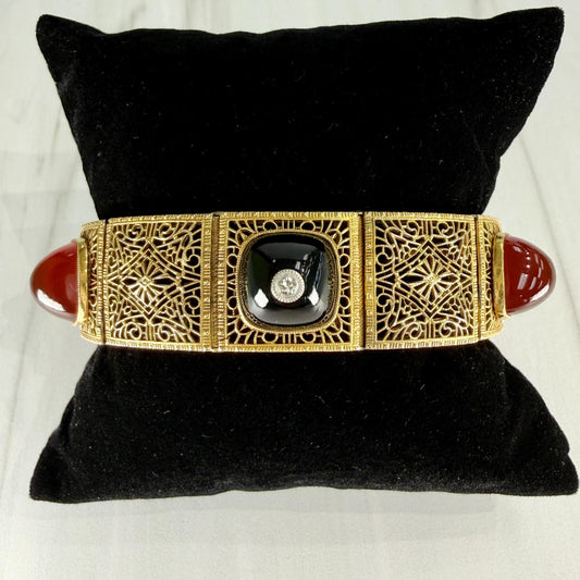 1920's Art Deco Carnelian and Onyx Filigree Bracelet 14k Yellow Gold
