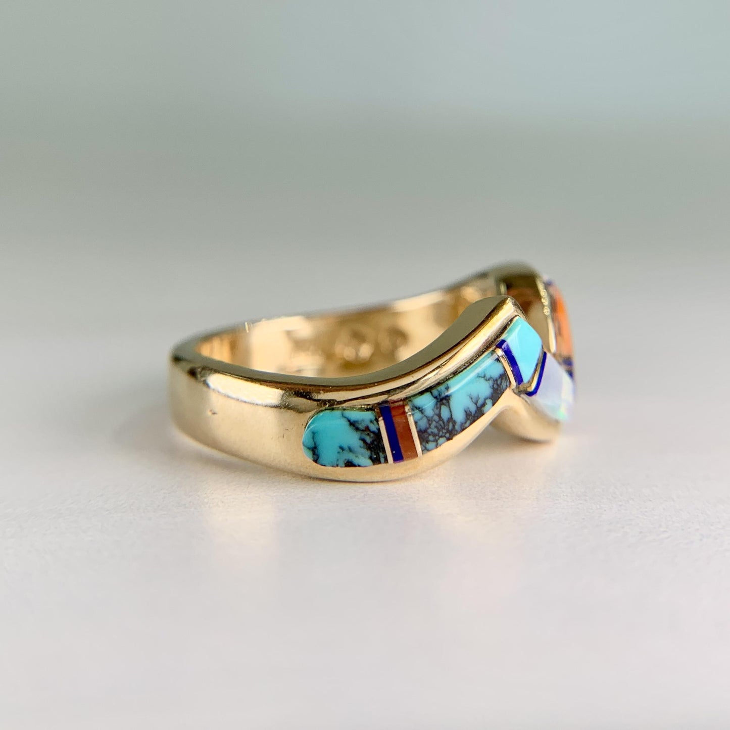 Navajo Zuni Inlaid Turquoise Coral and Opal Wavy Zigzag Band Ring 14k