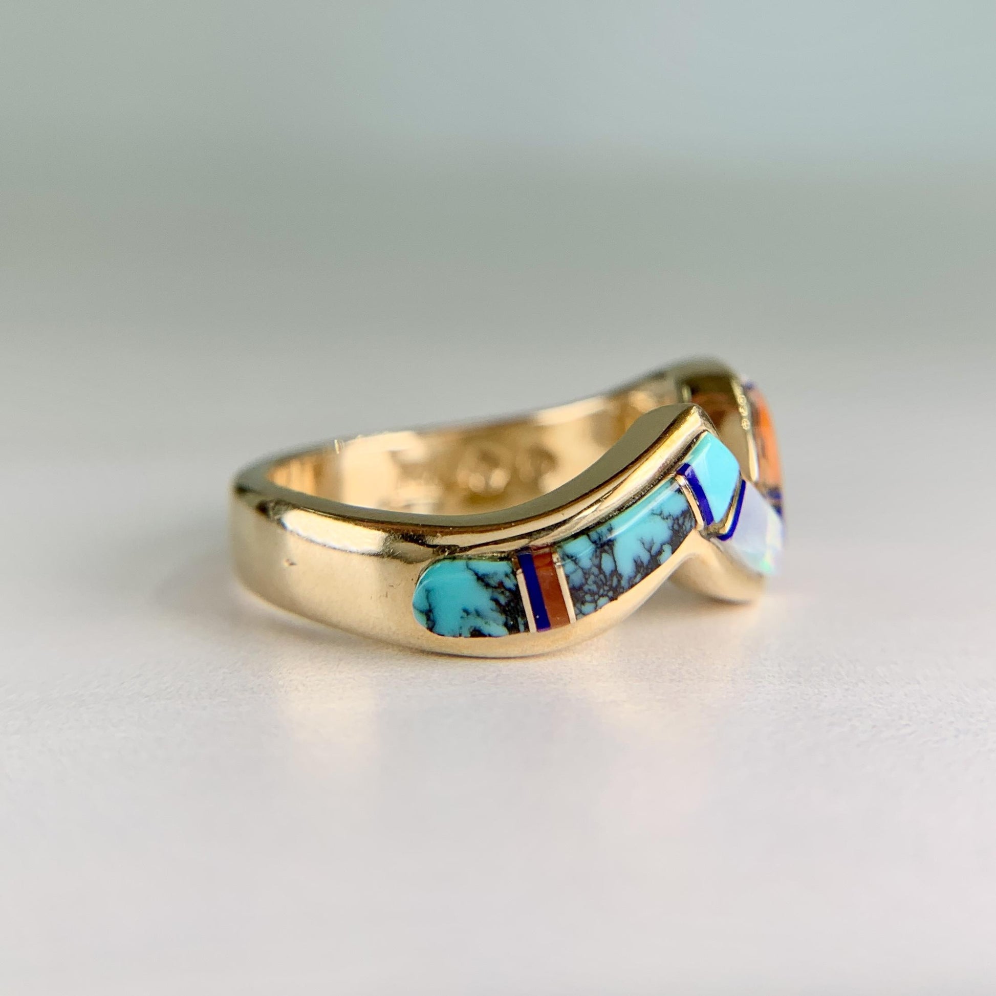 Navajo Zuni Inlaid Turquoise Coral and Opal Wavy Zigzag Band Ring 14k