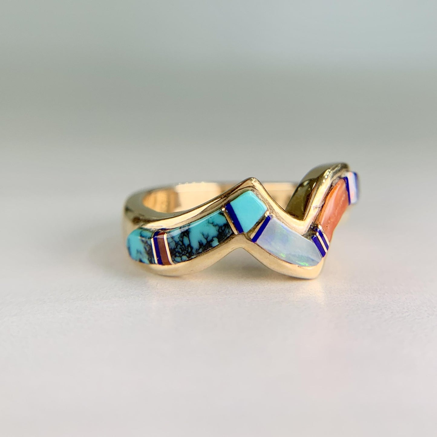 Navajo Zuni Inlaid Turquoise Coral and Opal Wavy Zigzag Band Ring 14k