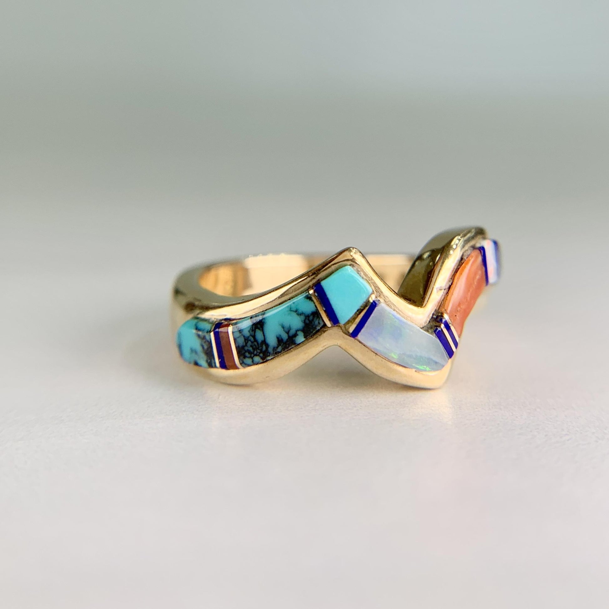 Navajo Zuni Inlaid Turquoise Coral and Opal Wavy Zigzag Band Ring 14k