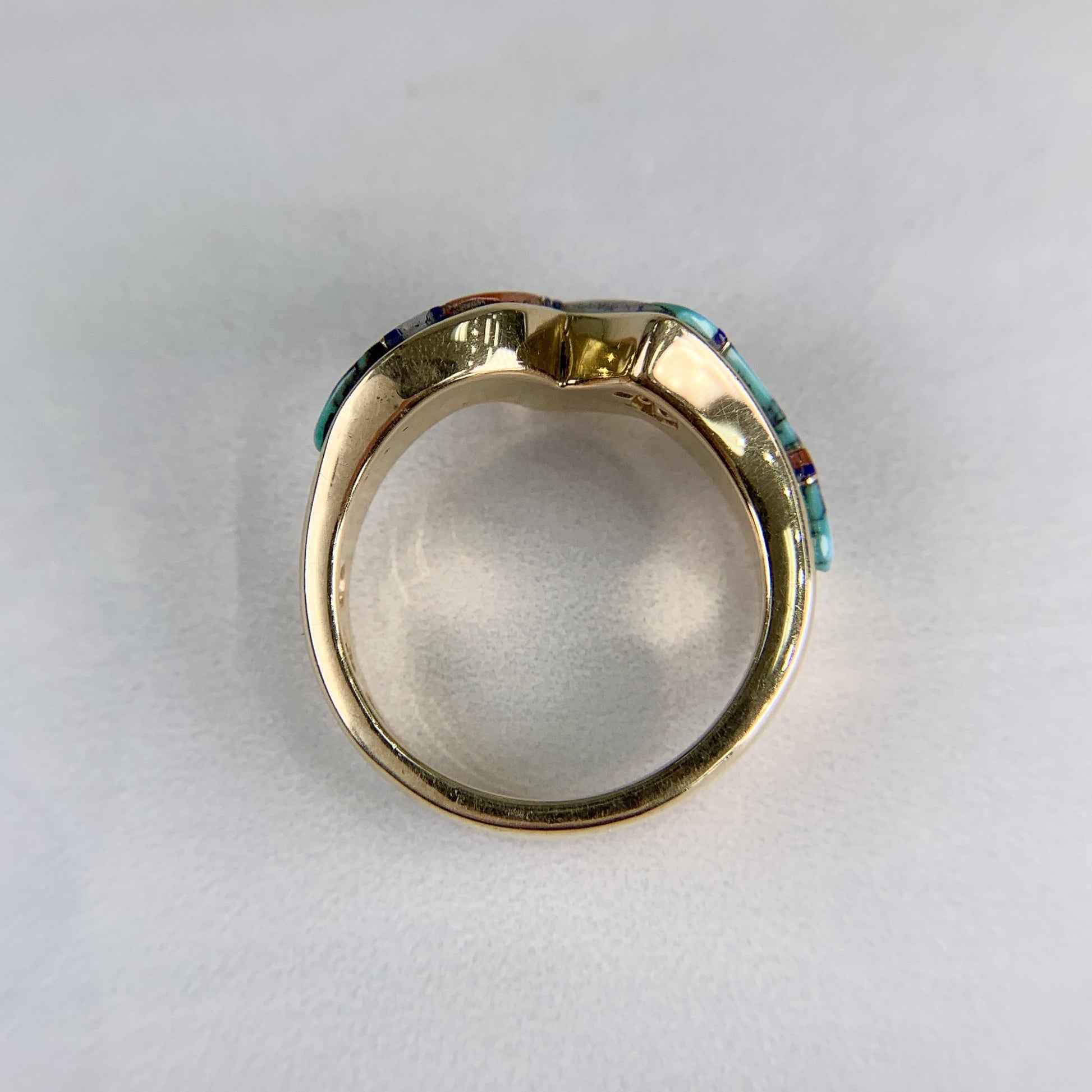 Navajo Zuni Inlaid Turquoise Coral and Opal Wavy Zigzag Band Ring 14k