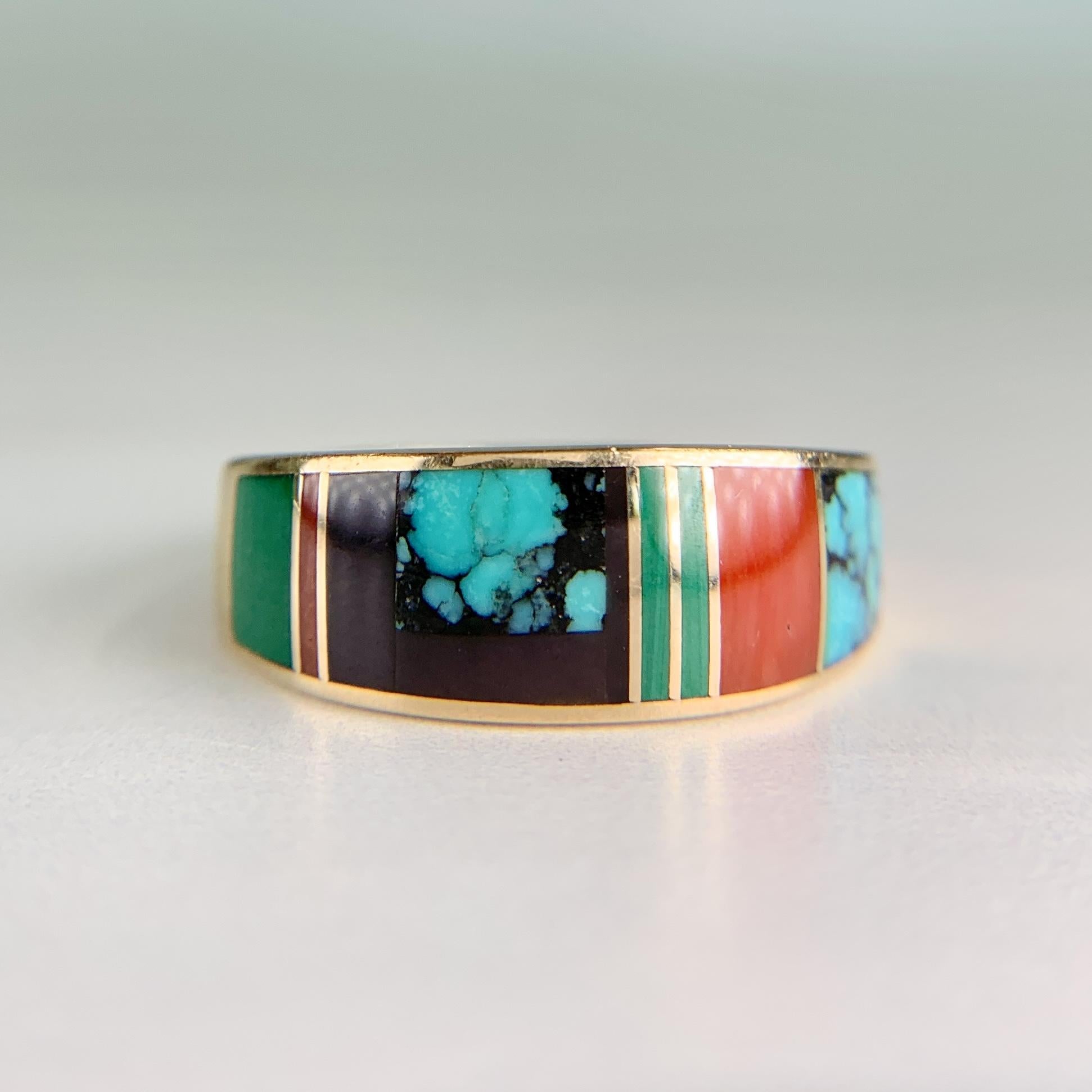 Native American Inlay Band Ring Turquoise Malachite Coral 14k Yellow Gold
