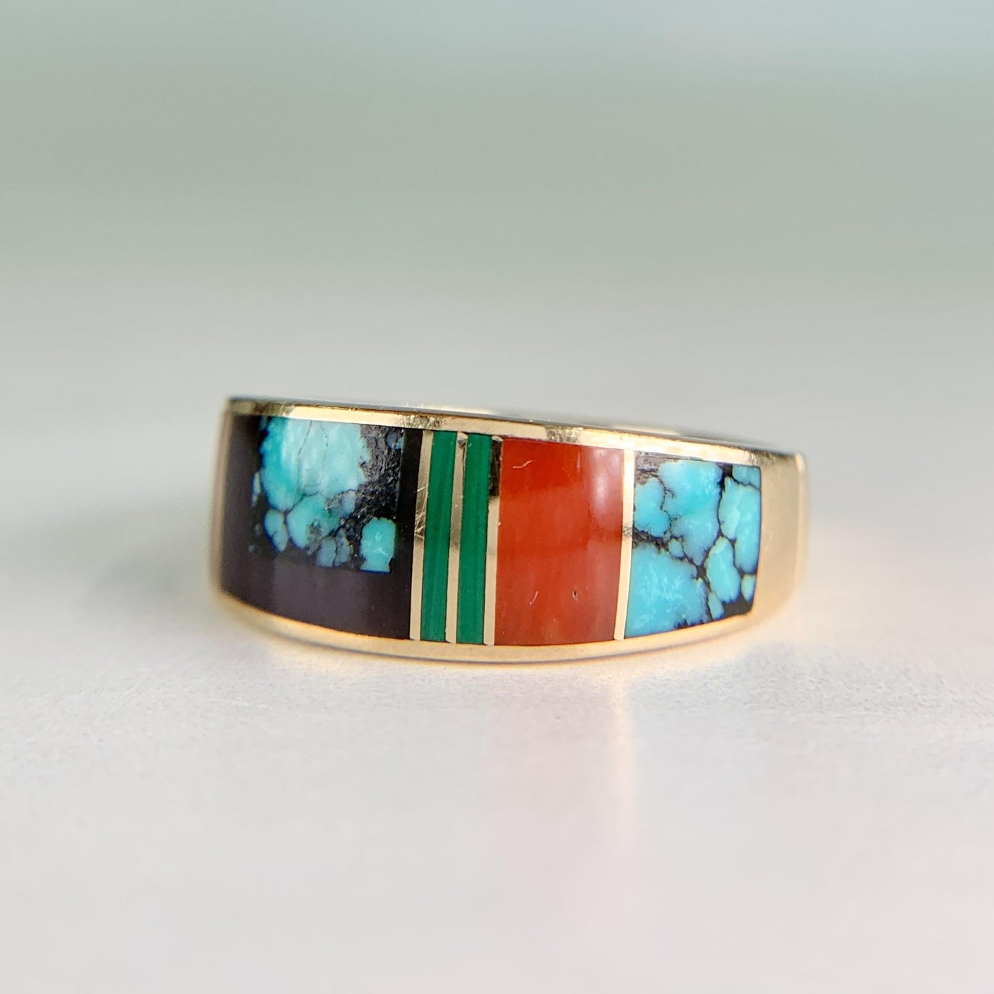 Native American Inlay Band Ring Turquoise Malachite Coral 14k Yellow Gold
