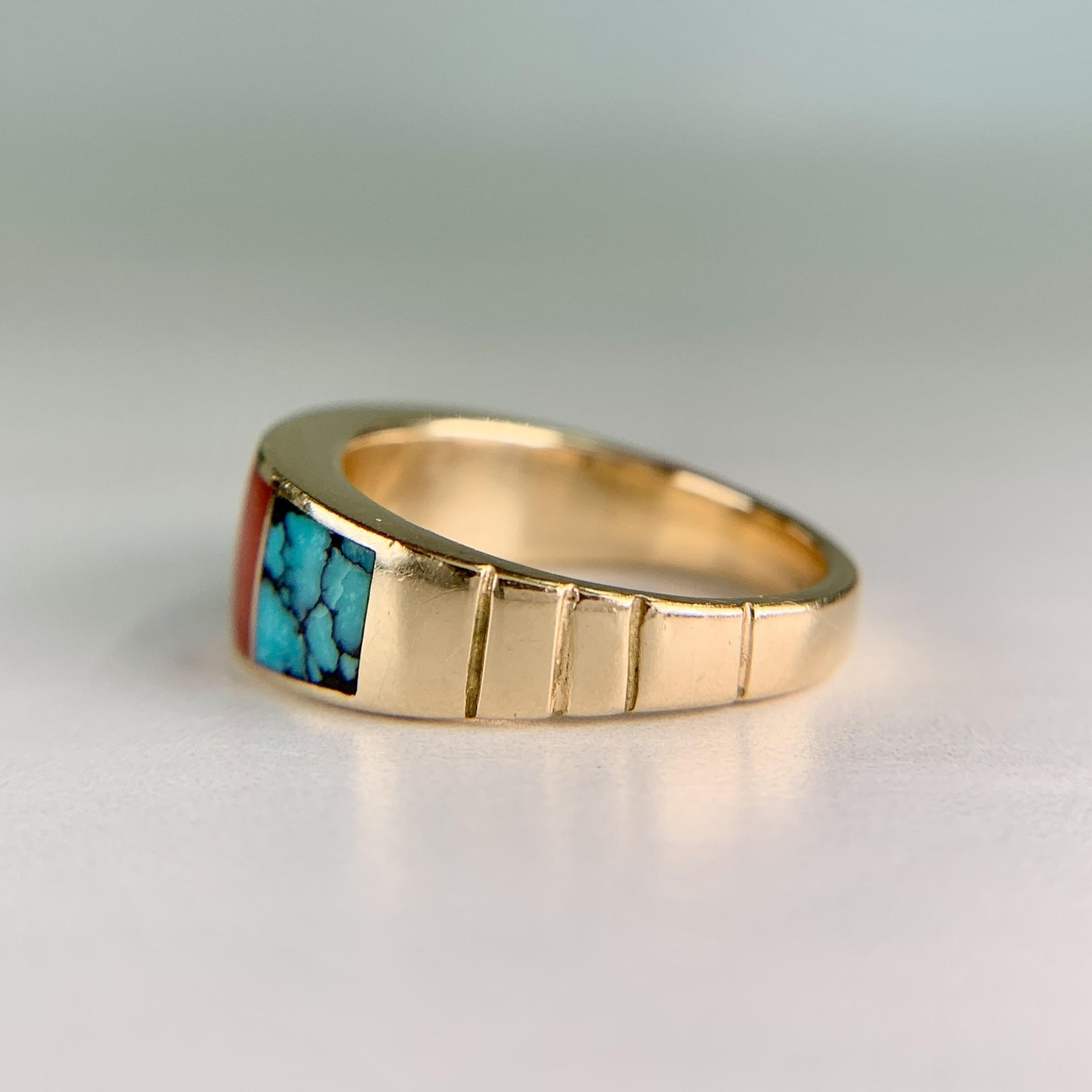 Native American Inlay Band Ring Turquoise Malachite Coral 14k Yellow Gold