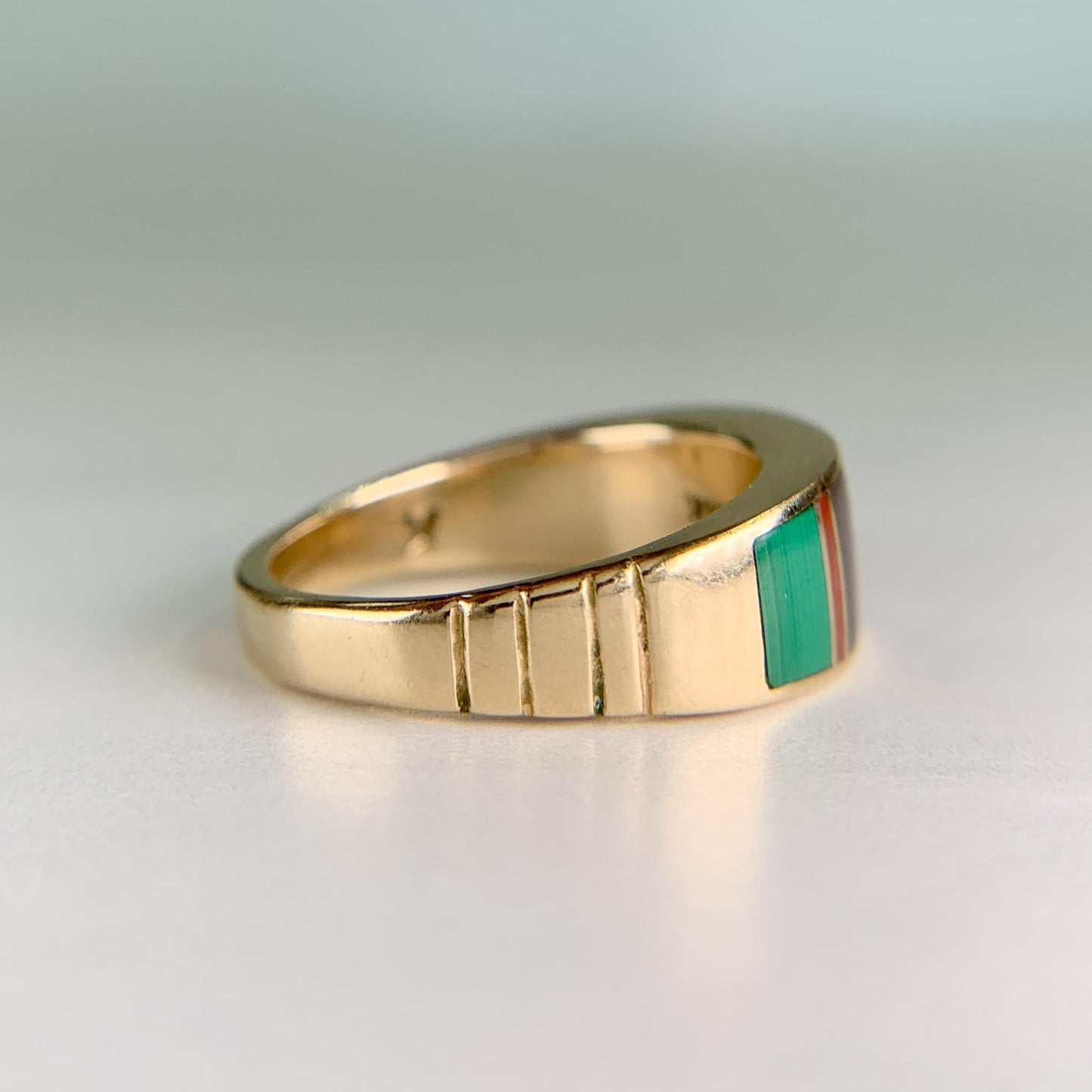 Native American Inlay Band Ring Turquoise Malachite Coral 14k Yellow Gold