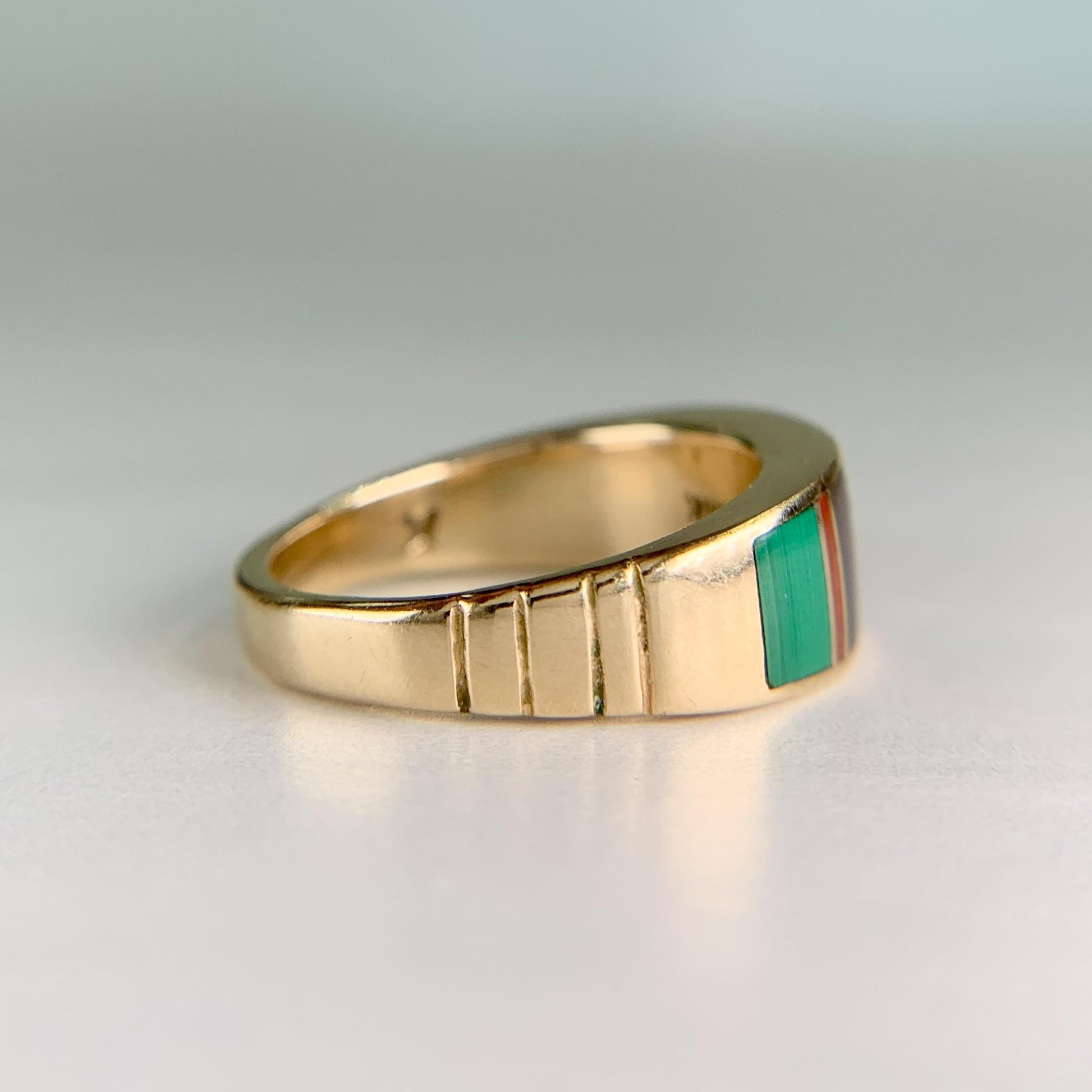 Native American Inlay Band Ring Turquoise Malachite Coral 14k Yellow Gold