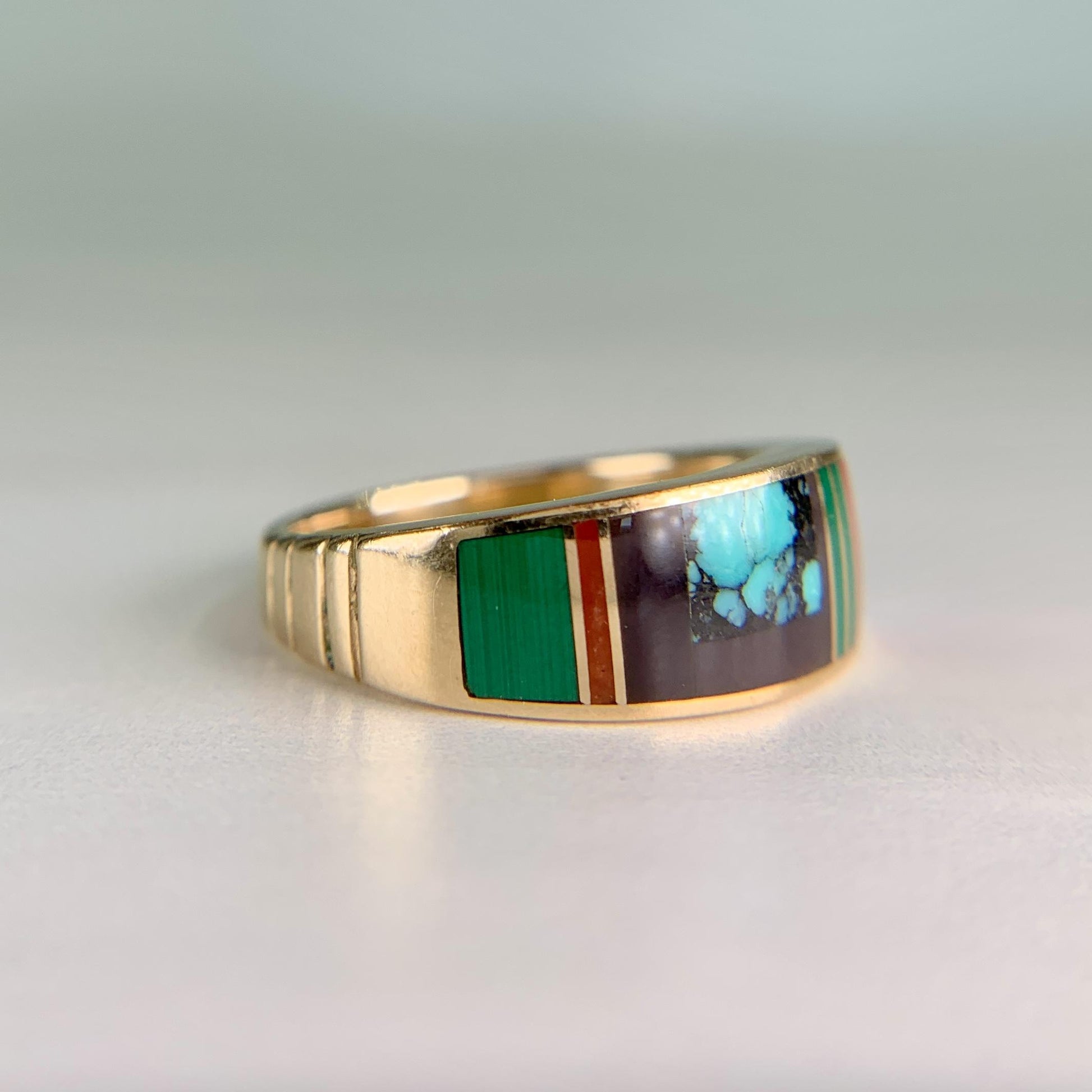 Native American Inlay Band Ring Turquoise Malachite Coral 14k Yellow Gold