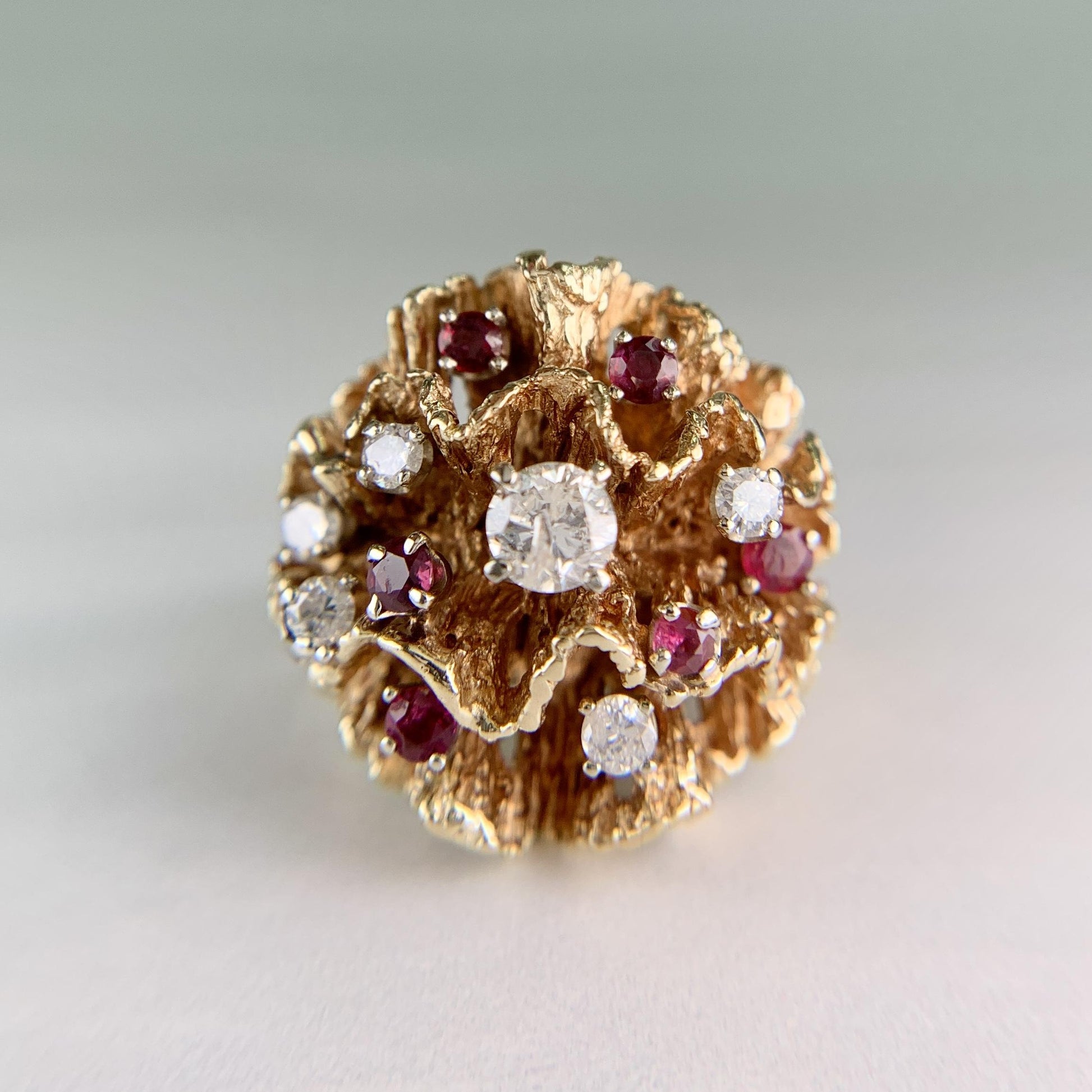 Vintage 1960's Diamond and Spinel Wavy Reef Dome Ring 14k Gold