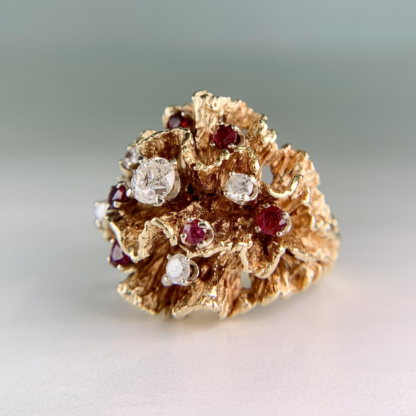 Vintage 1960's Diamond and Spinel Wavy Reef Dome Ring 14k Gold