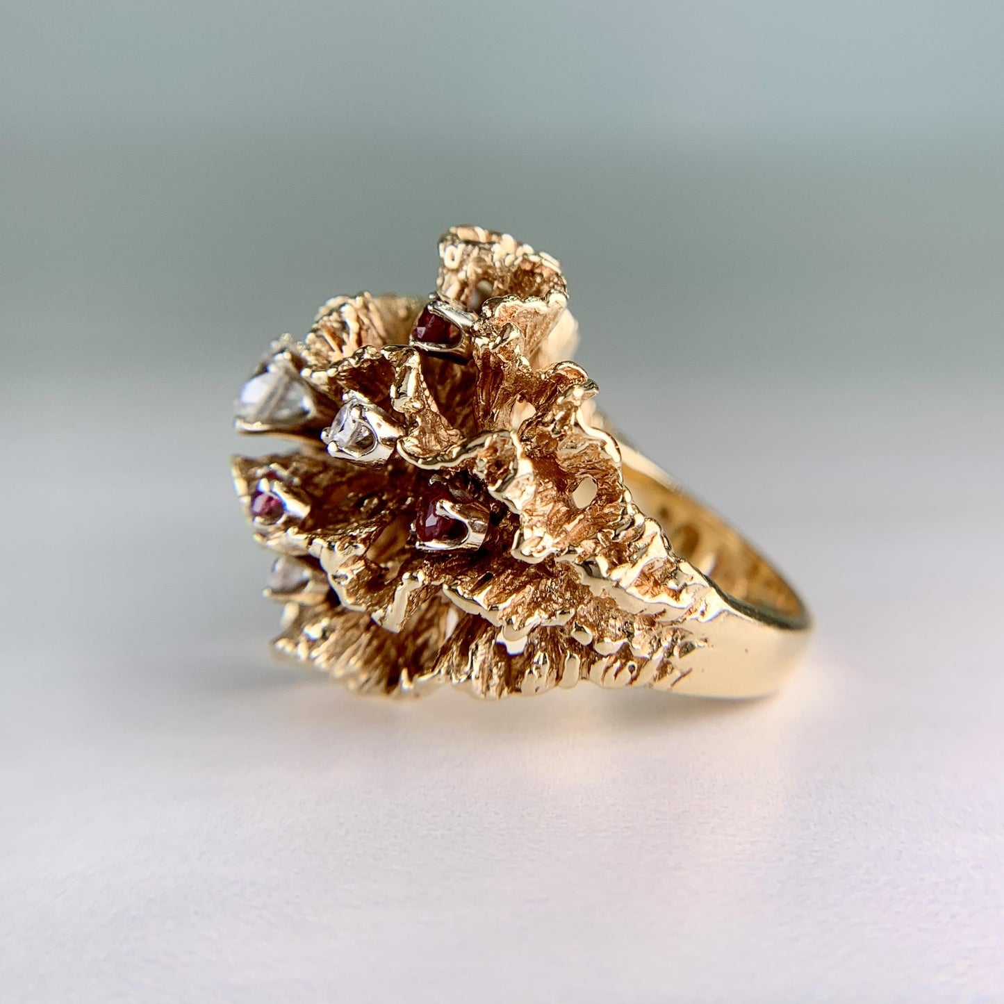 Vintage 1960's Diamond and Spinel Wavy Reef Dome Ring 14k Gold