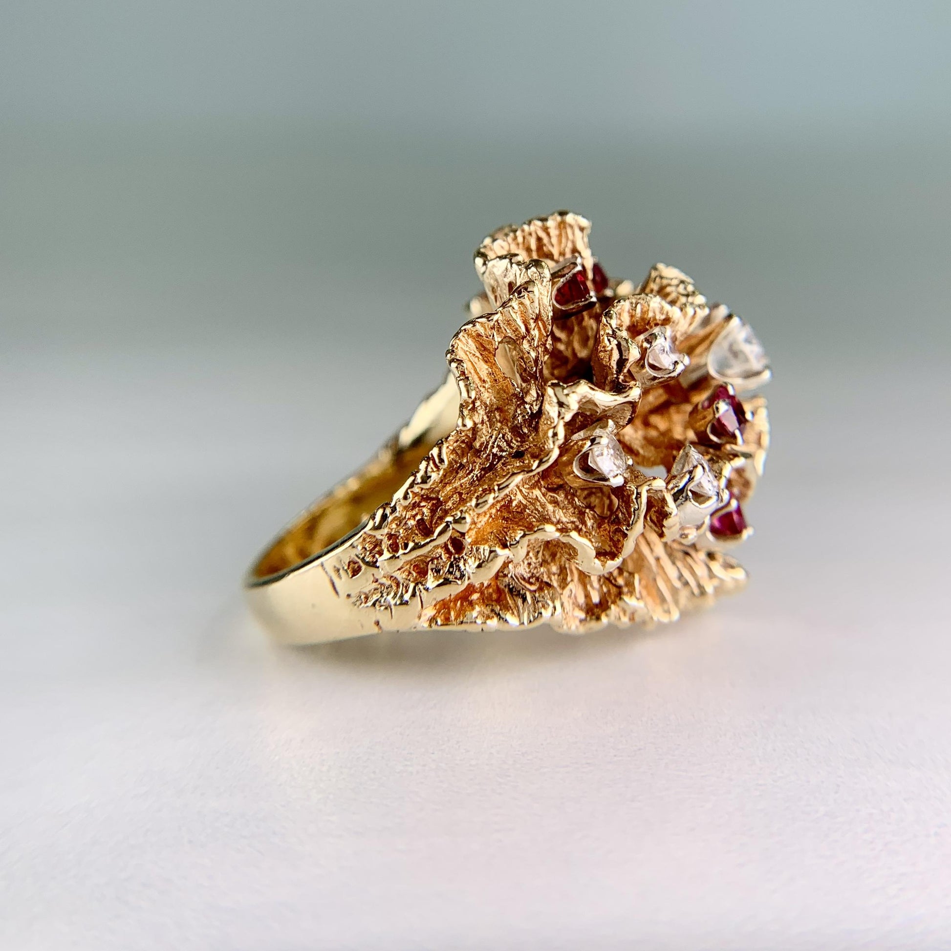 Vintage 1960's Diamond and Spinel Wavy Reef Dome Ring 14k Gold