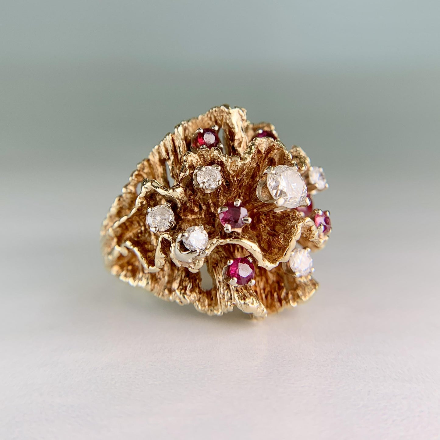 Vintage 1960's Diamond and Spinel Wavy Reef Dome Ring 14k Gold