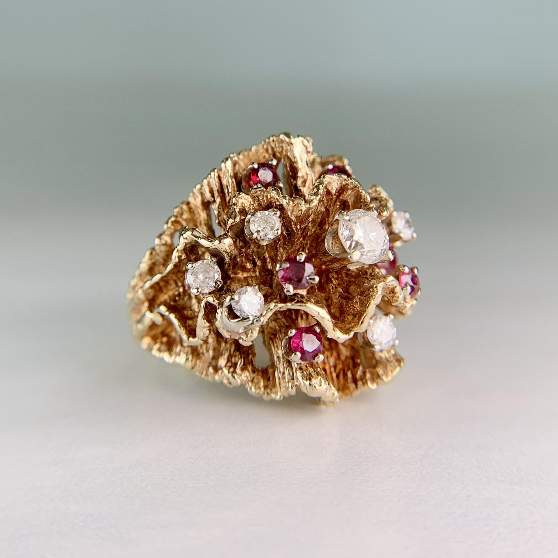 Vintage 1960's Diamond and Spinel Wavy Reef Dome Ring 14k Gold
