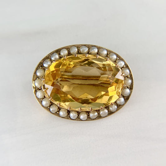 Antique Victorian Citrine and Seed Pearl Brooch 9k Yellow Gold