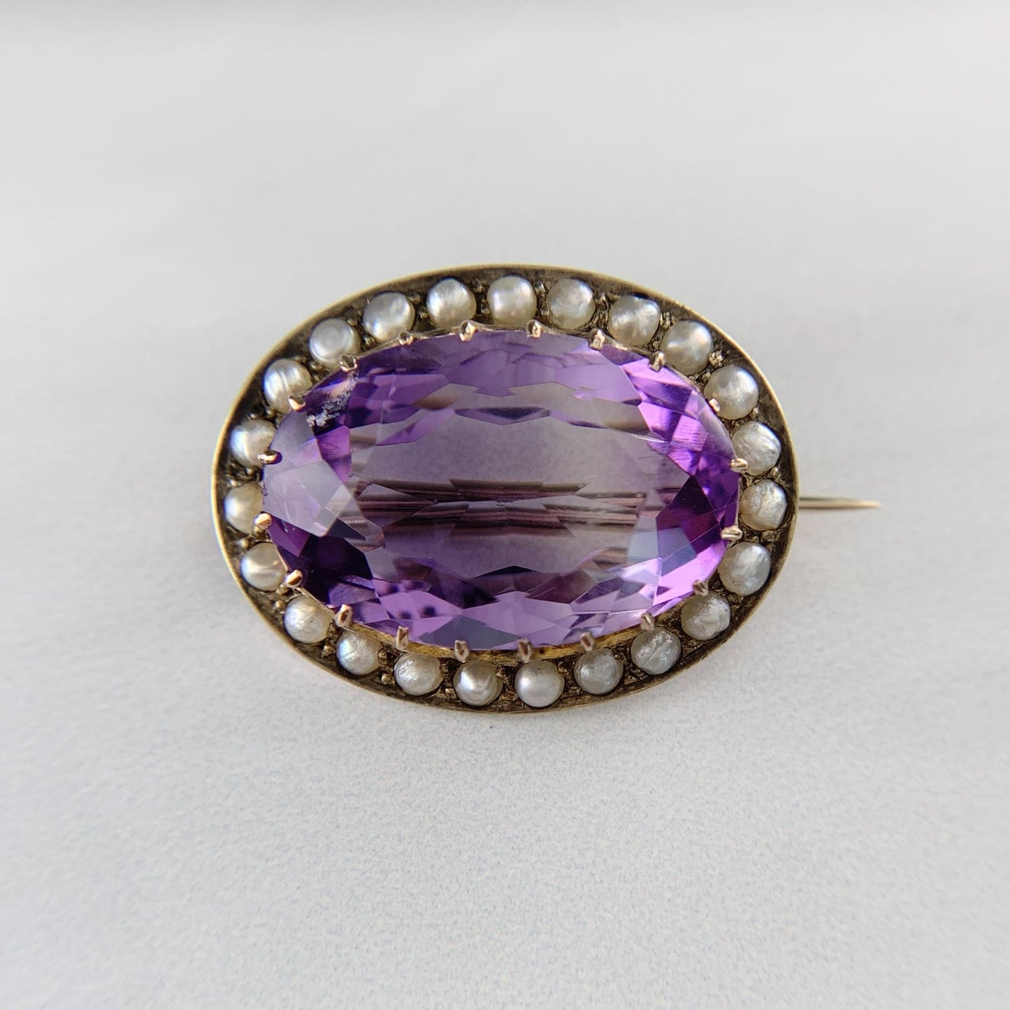 Antique Victorian Amethyst and Seed Pearl Brooch 9k Yellow Gold