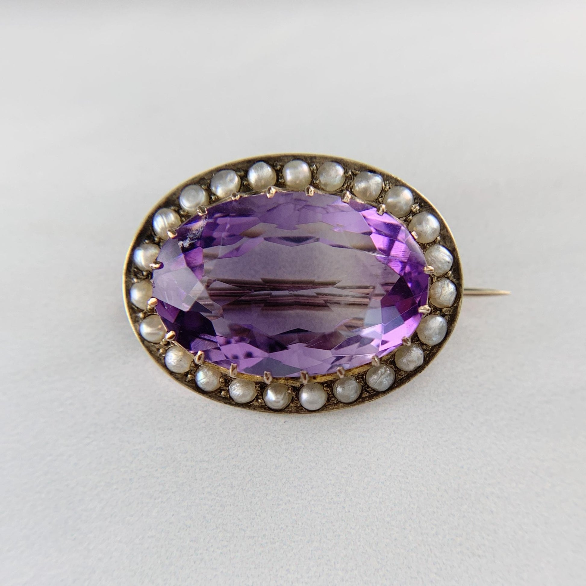 Antique Victorian Amethyst and Seed Pearl Brooch 9k Yellow Gold