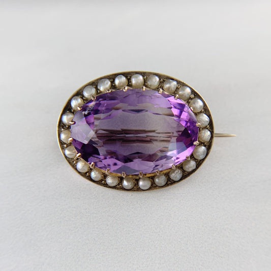 Antique Victorian Amethyst and Seed Pearl Brooch 9k Yellow Gold