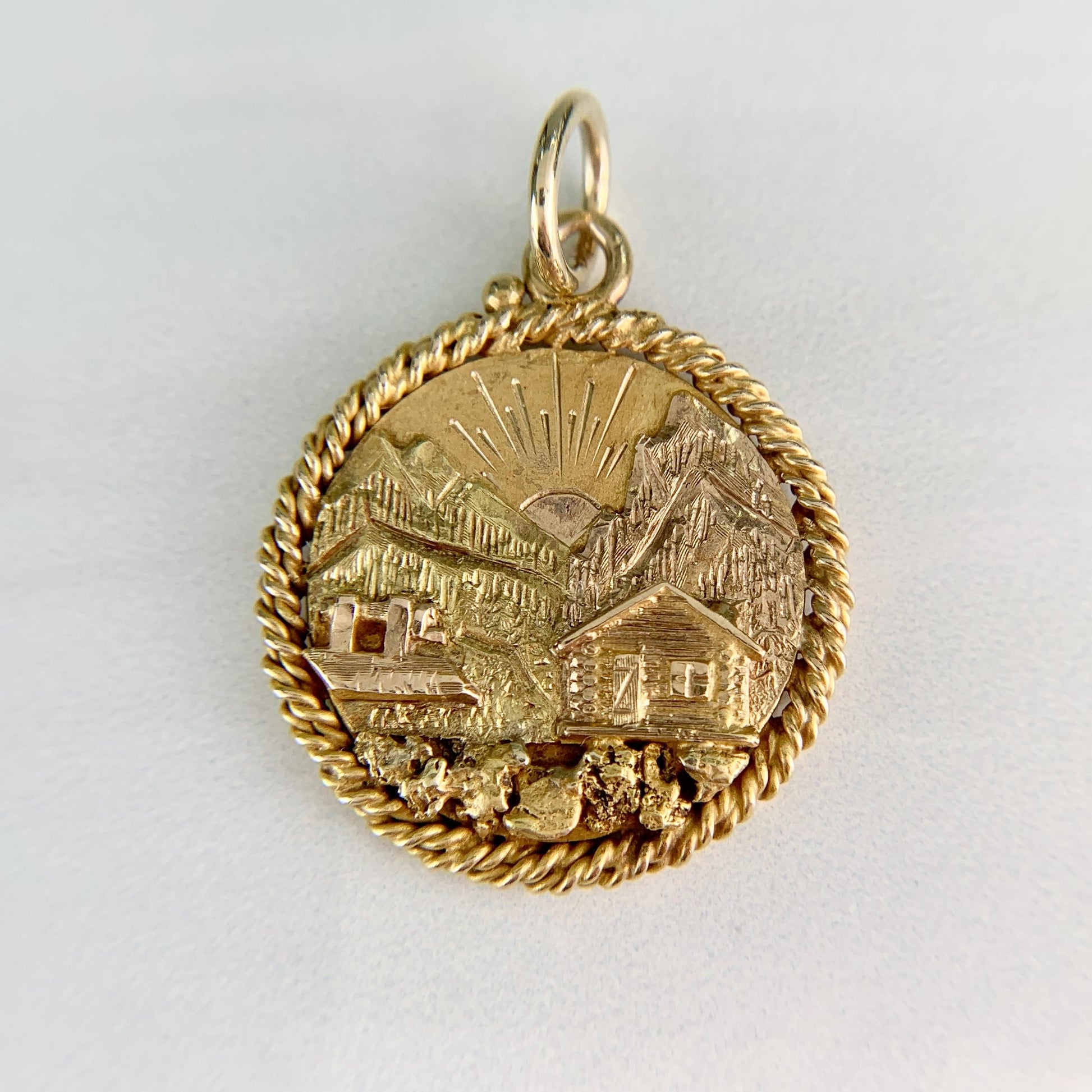Antique Alaska Log Cabin Gold Nugget Pendant 14k Gold