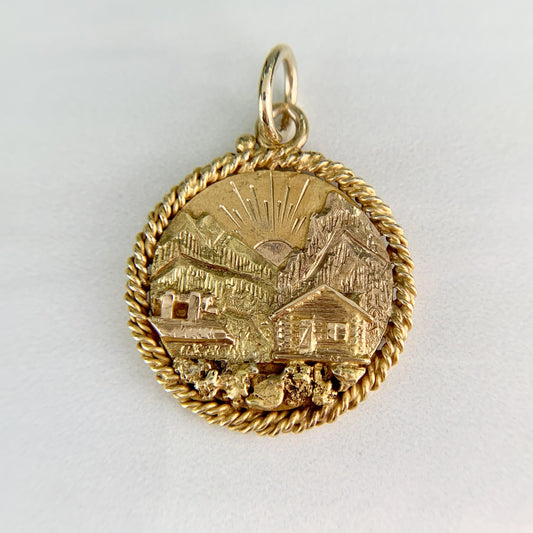 Antique Alaska Log Cabin Gold Nugget Pendant 14k Gold