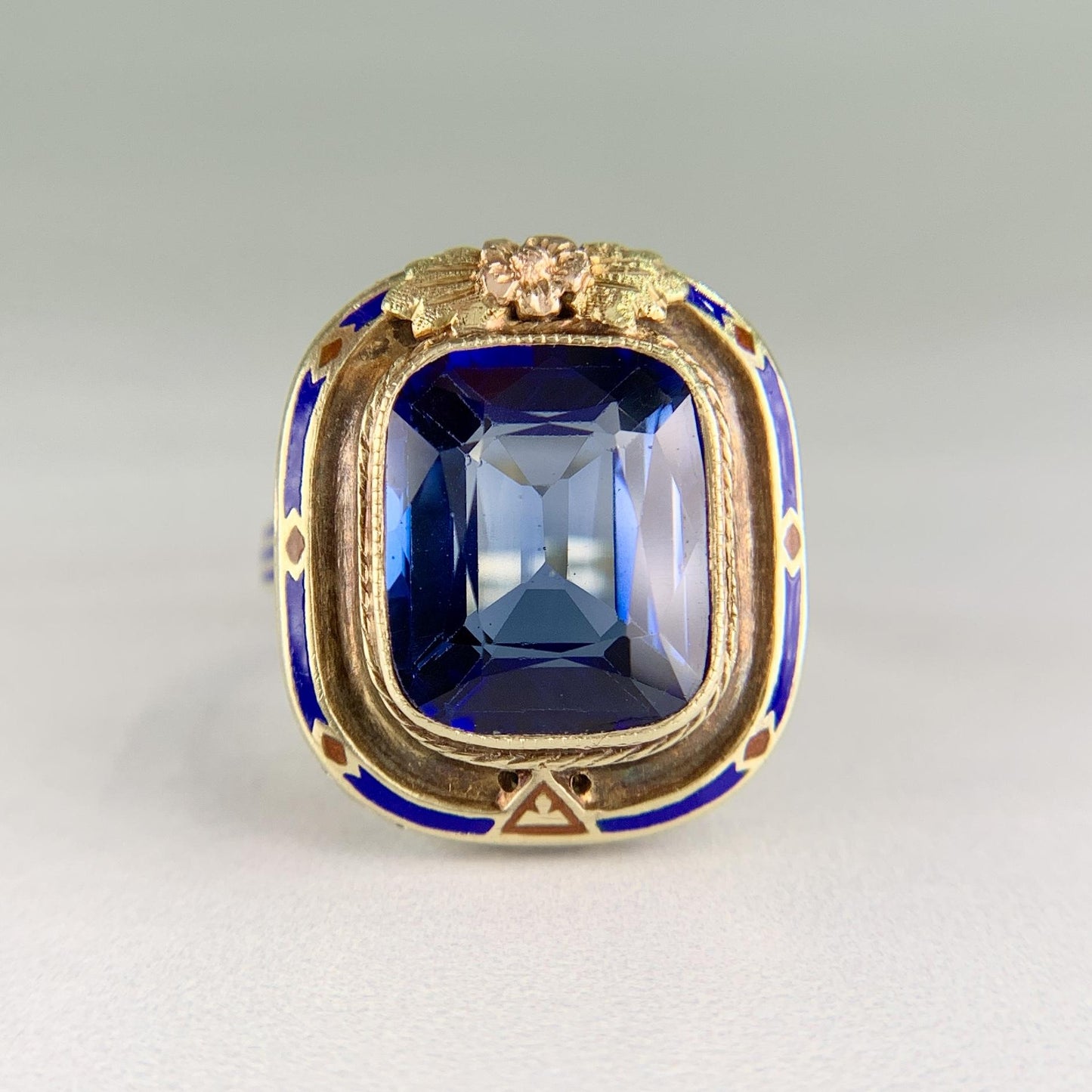 Vintage Art Deco Lab Grown Sapphire and Enamel Ring 14k Gold