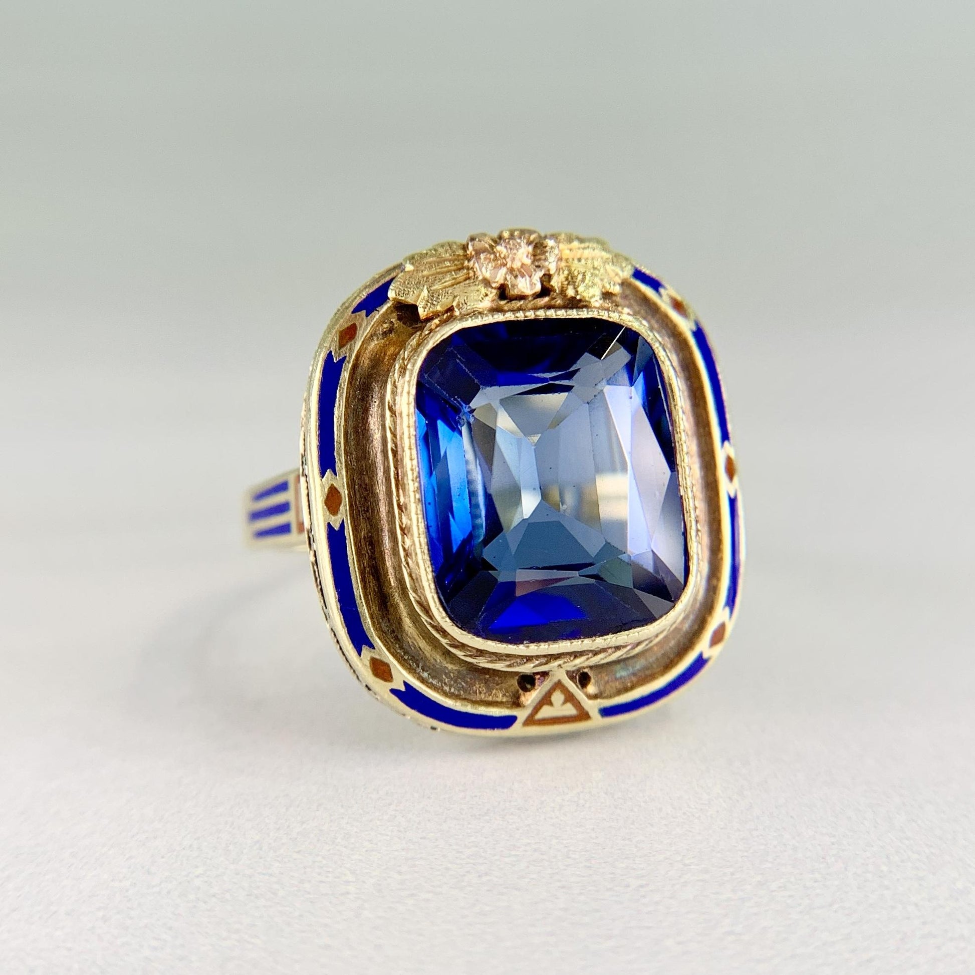 Vintage Art Deco Lab Grown Sapphire and Enamel Ring 14k Gold