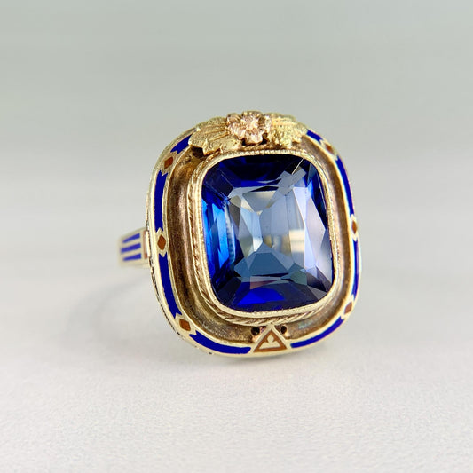Vintage Art Deco Lab Grown Sapphire and Enamel Ring 14k Gold