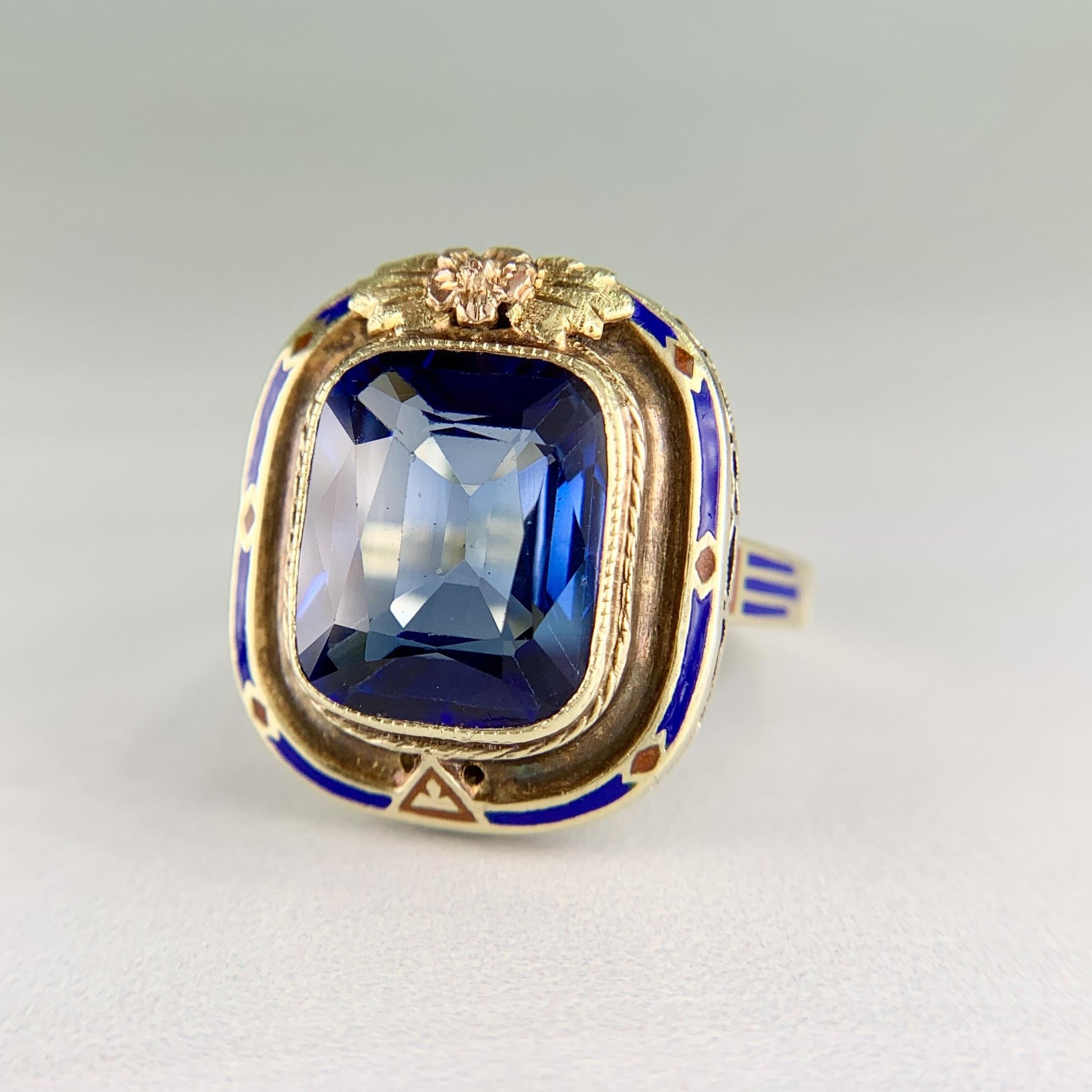 Vintage Art Deco Lab Grown Sapphire and Enamel Ring 14k Gold