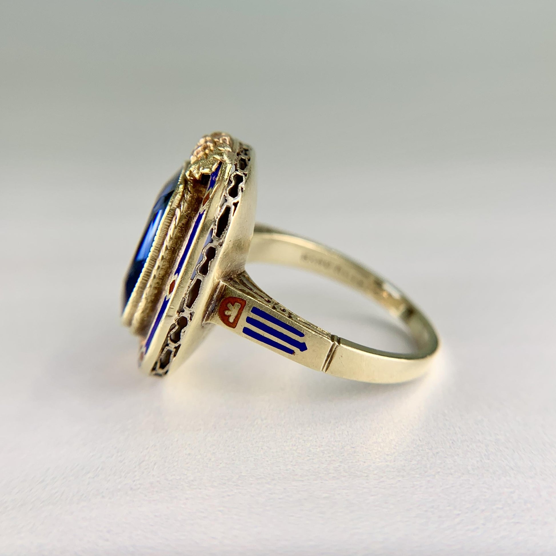 Vintage Art Deco Lab Grown Sapphire and Enamel Ring 14k Gold