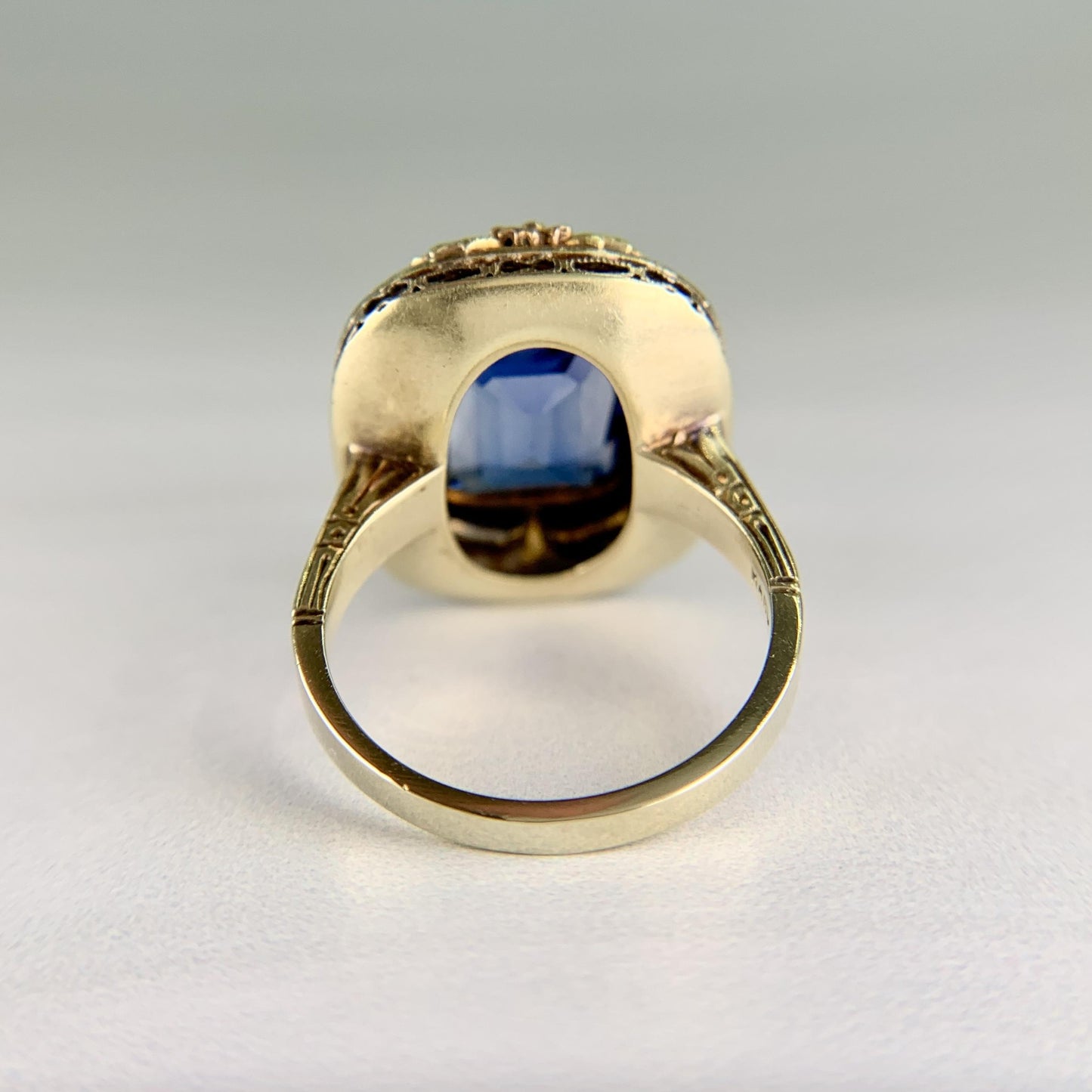 Vintage Art Deco Lab Grown Sapphire and Enamel Ring 14k Gold